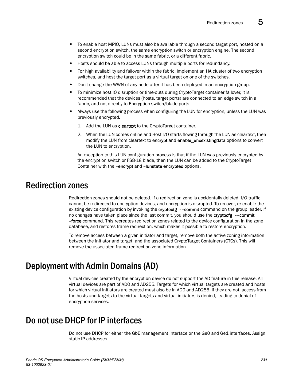 Redirection zones, Deployment with admin domains (ad), Do not use dhcp for ip interfaces | Brocade Fabric OS Encryption Administrator’s Guide Supporting HP Secure Key Manager (SKM) and HP Enterprise Secure Key Manager (ESKM) Environments (Supporting Fabric OS v7.2.0) User Manual | Page 251 / 324