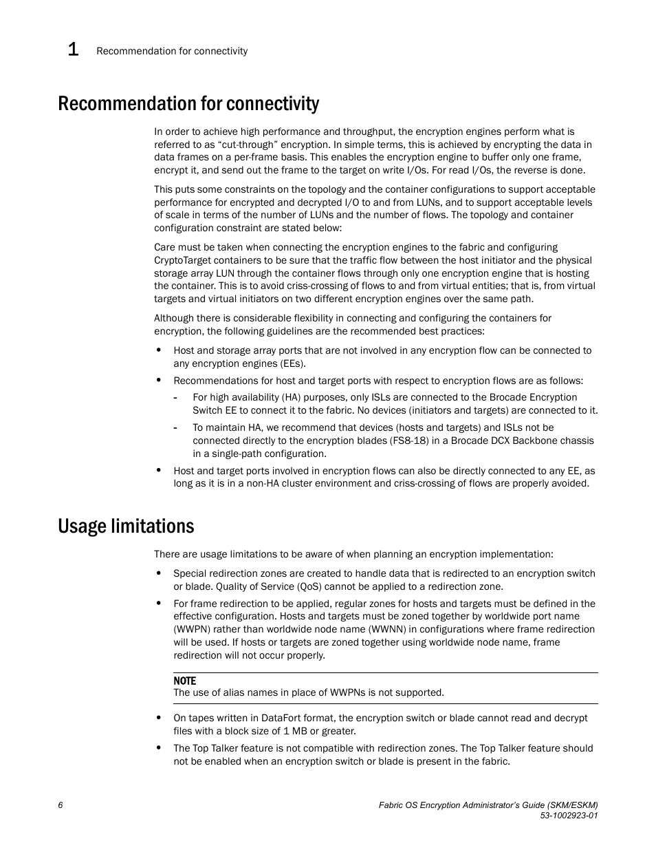 Recommendation for connectivity, Usage limitations | Brocade Fabric OS Encryption Administrator’s Guide Supporting HP Secure Key Manager (SKM) and HP Enterprise Secure Key Manager (ESKM) Environments (Supporting Fabric OS v7.2.0) User Manual | Page 26 / 324