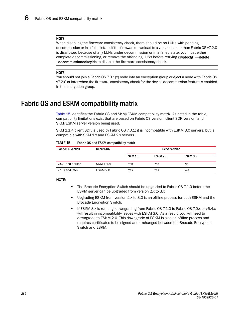 Fabric os and eskm compatibility matrix | Brocade Fabric OS Encryption Administrator’s Guide Supporting HP Secure Key Manager (SKM) and HP Enterprise Secure Key Manager (ESKM) Environments (Supporting Fabric OS v7.2.0) User Manual | Page 306 / 324