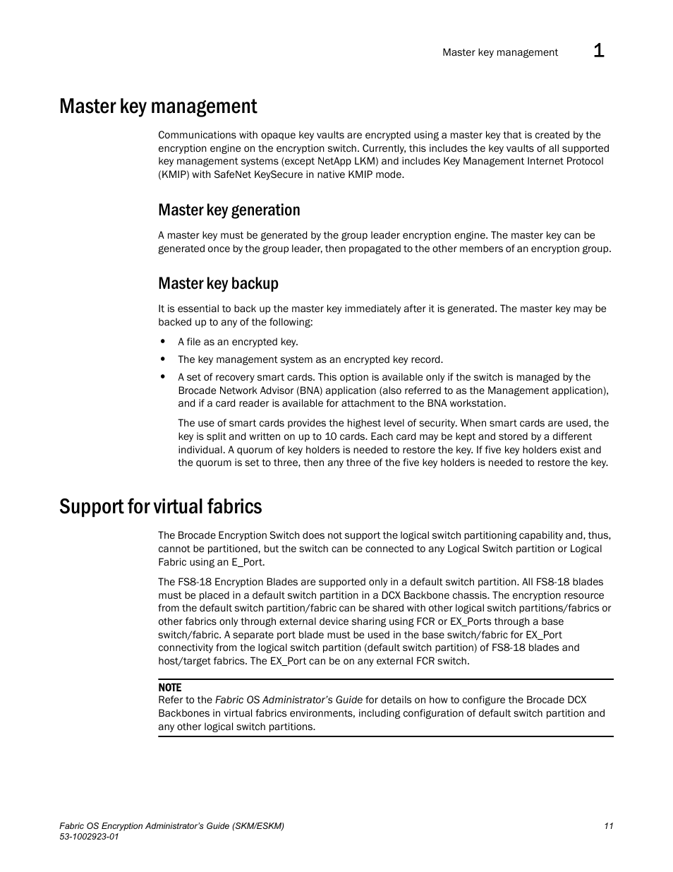 Master key management, Master key generation, Master key backup | Support for virtual fabrics | Brocade Fabric OS Encryption Administrator’s Guide Supporting HP Secure Key Manager (SKM) and HP Enterprise Secure Key Manager (ESKM) Environments (Supporting Fabric OS v7.2.0) User Manual | Page 31 / 324