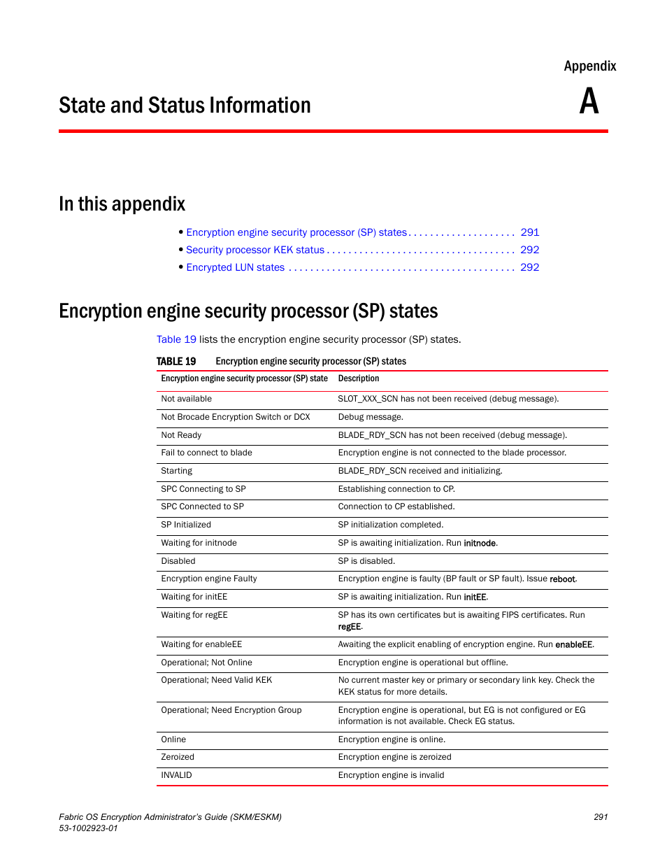 State and status information, In this appendix, Encryption engine security processor (sp) states | Appendix a, Appendix a, “state and status information, Appendix | Brocade Fabric OS Encryption Administrator’s Guide Supporting HP Secure Key Manager (SKM) and HP Enterprise Secure Key Manager (ESKM) Environments (Supporting Fabric OS v7.2.0) User Manual | Page 311 / 324