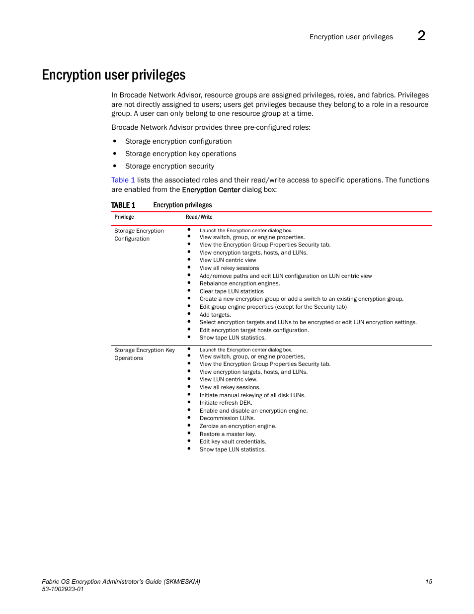 Encryption user privileges | Brocade Fabric OS Encryption Administrator’s Guide Supporting HP Secure Key Manager (SKM) and HP Enterprise Secure Key Manager (ESKM) Environments (Supporting Fabric OS v7.2.0) User Manual | Page 35 / 324