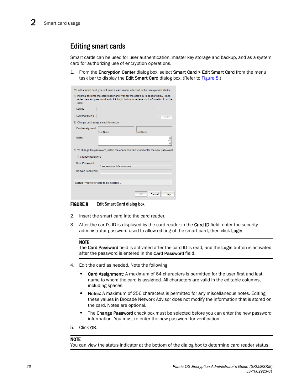 Editing smart cards | Brocade Fabric OS Encryption Administrator’s Guide Supporting HP Secure Key Manager (SKM) and HP Enterprise Secure Key Manager (ESKM) Environments (Supporting Fabric OS v7.2.0) User Manual | Page 46 / 324