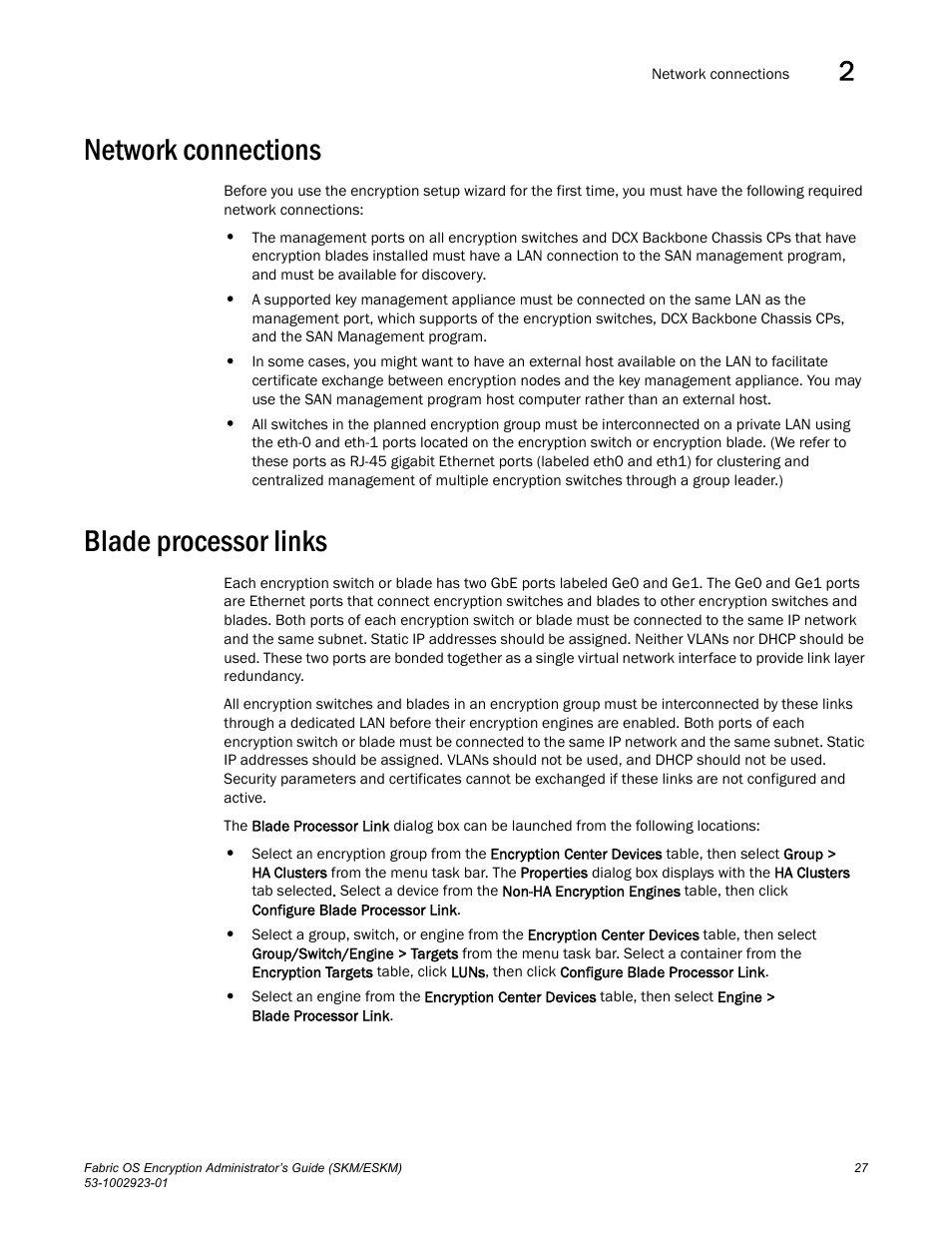 Network connections, Blade processor links | Brocade Fabric OS Encryption Administrator’s Guide Supporting HP Secure Key Manager (SKM) and HP Enterprise Secure Key Manager (ESKM) Environments (Supporting Fabric OS v7.2.0) User Manual | Page 47 / 324