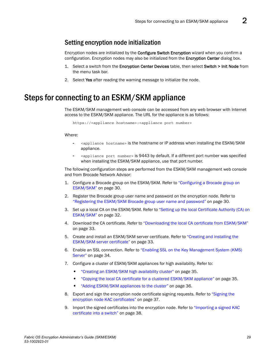 Setting encryption node initialization, Steps for connecting to an eskm/skm appliance | Brocade Fabric OS Encryption Administrator’s Guide Supporting HP Secure Key Manager (SKM) and HP Enterprise Secure Key Manager (ESKM) Environments (Supporting Fabric OS v7.2.0) User Manual | Page 49 / 324