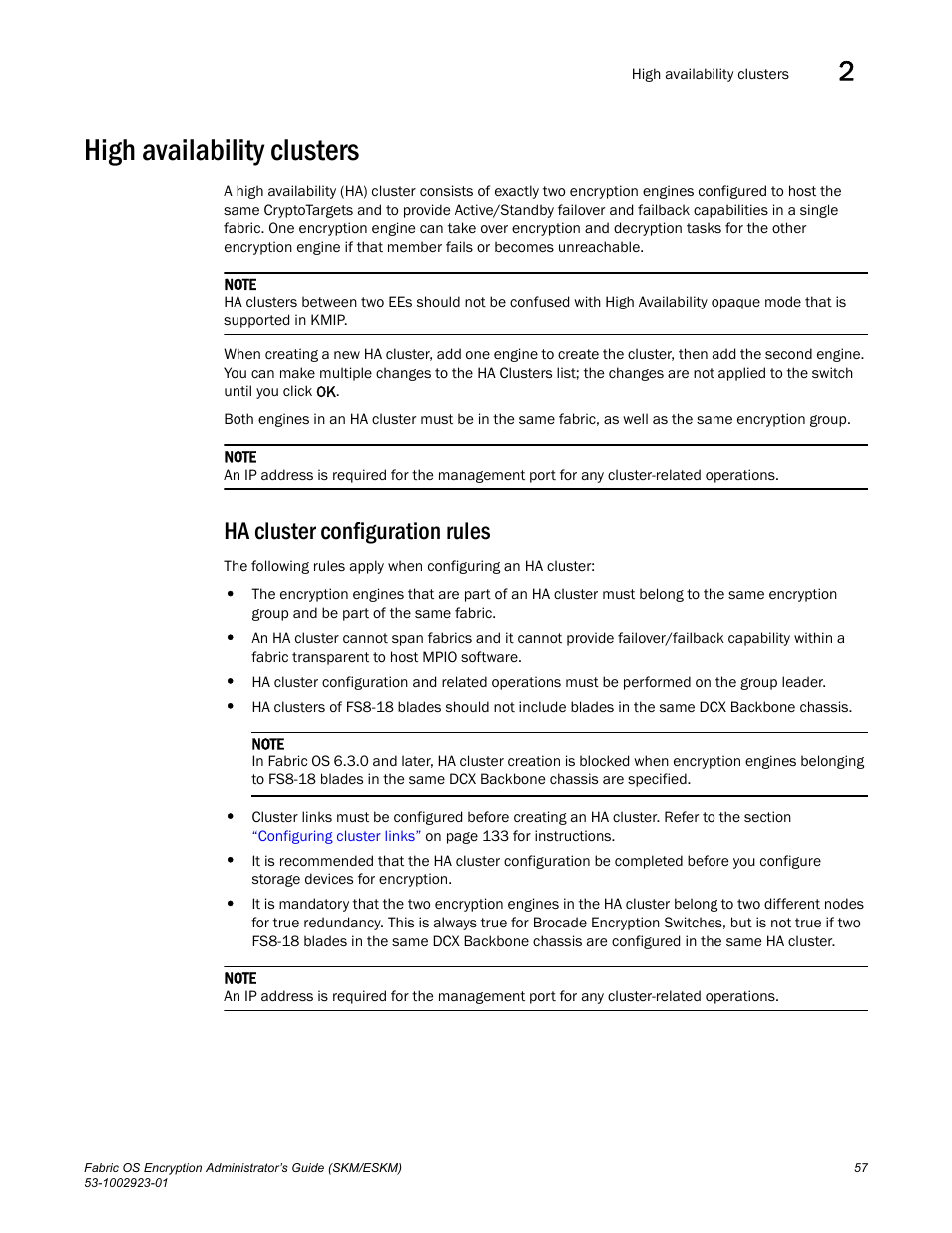 High availability clusters, Ha cluster configuration rules | Brocade Fabric OS Encryption Administrator’s Guide Supporting HP Secure Key Manager (SKM) and HP Enterprise Secure Key Manager (ESKM) Environments (Supporting Fabric OS v7.2.0) User Manual | Page 77 / 324