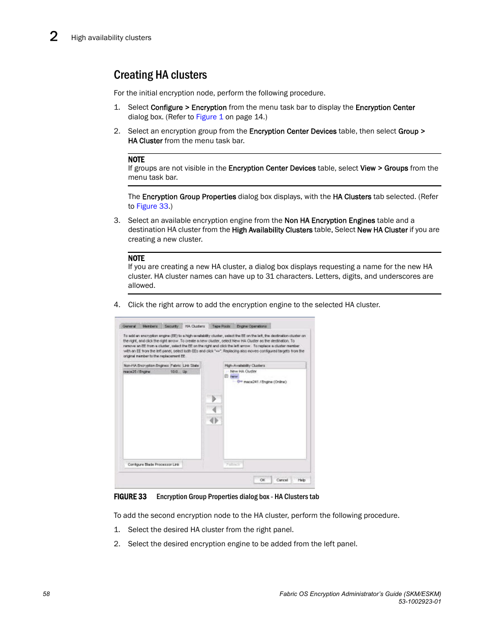 Creating ha clusters | Brocade Fabric OS Encryption Administrator’s Guide Supporting HP Secure Key Manager (SKM) and HP Enterprise Secure Key Manager (ESKM) Environments (Supporting Fabric OS v7.2.0) User Manual | Page 78 / 324