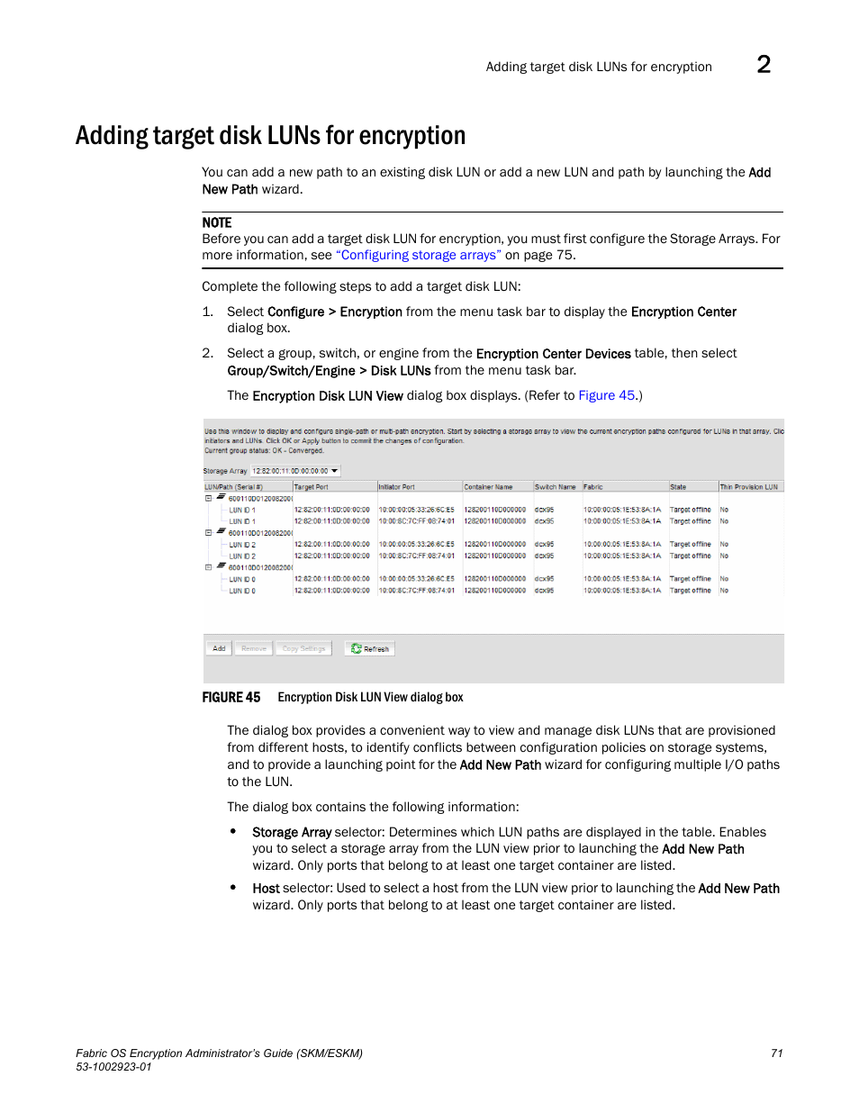 Adding target disk luns for encryption | Brocade Fabric OS Encryption Administrator’s Guide Supporting HP Secure Key Manager (SKM) and HP Enterprise Secure Key Manager (ESKM) Environments (Supporting Fabric OS v7.2.0) User Manual | Page 91 / 324