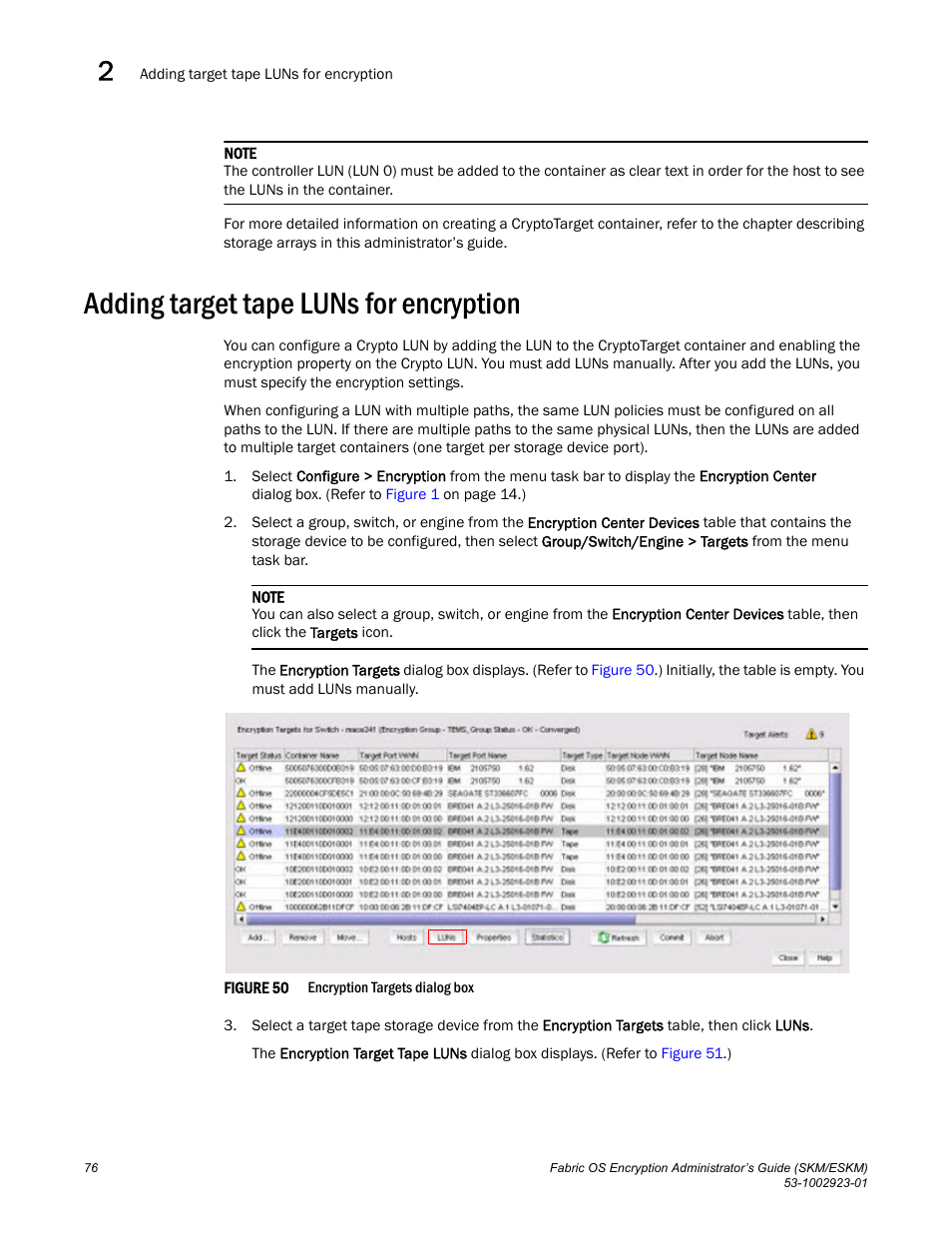 Adding target tape luns for encryption | Brocade Fabric OS Encryption Administrator’s Guide Supporting HP Secure Key Manager (SKM) and HP Enterprise Secure Key Manager (ESKM) Environments (Supporting Fabric OS v7.2.0) User Manual | Page 96 / 324