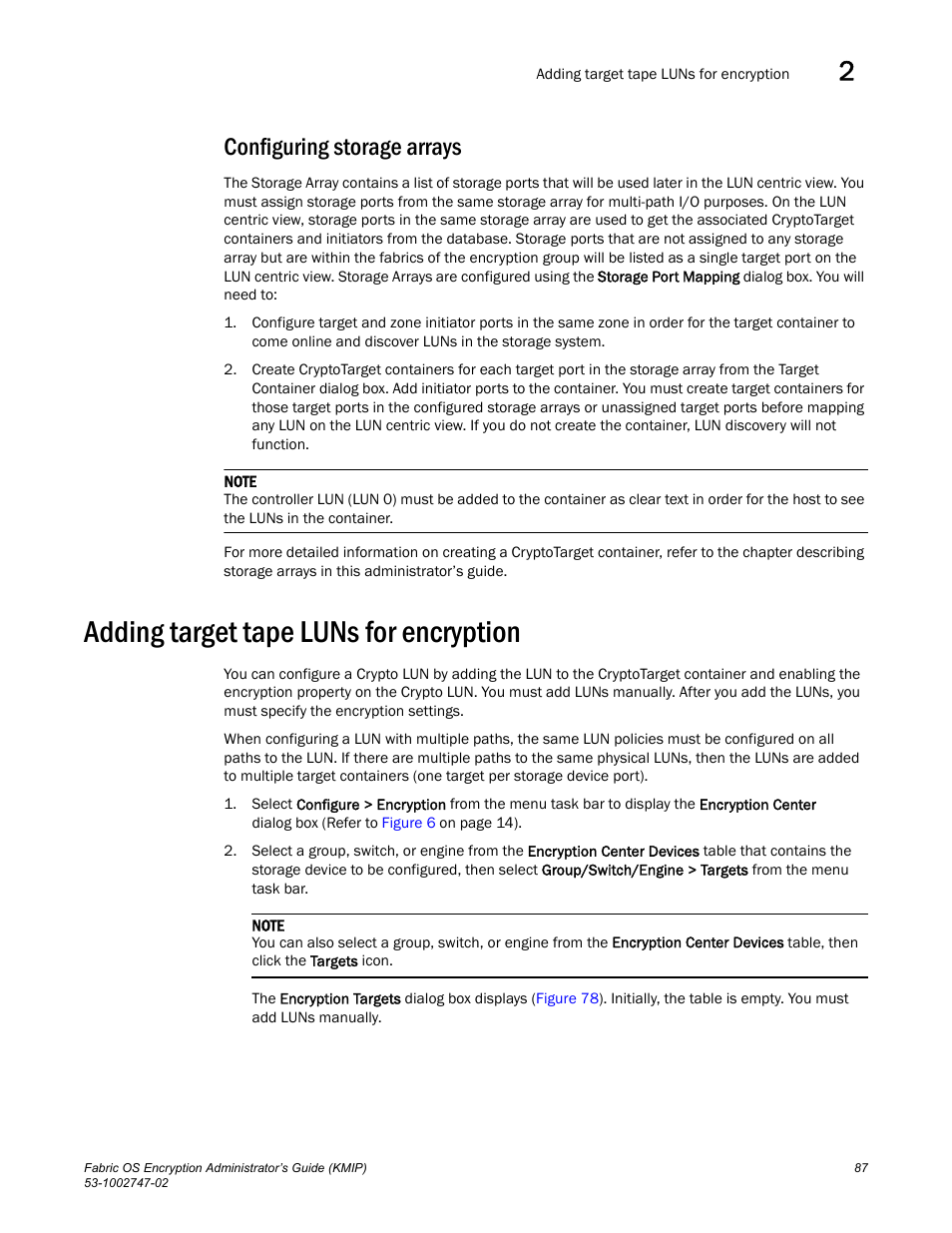 Configuring storage arrays, Adding target tape luns for encryption | Brocade Fabric OS Encryption Administrator’s Guide Supporting Key Management Interoperability Protocol (KMIP) Key-Compliant Environments (Supporting Fabric OS v7.1.0) User Manual | Page 105 / 322