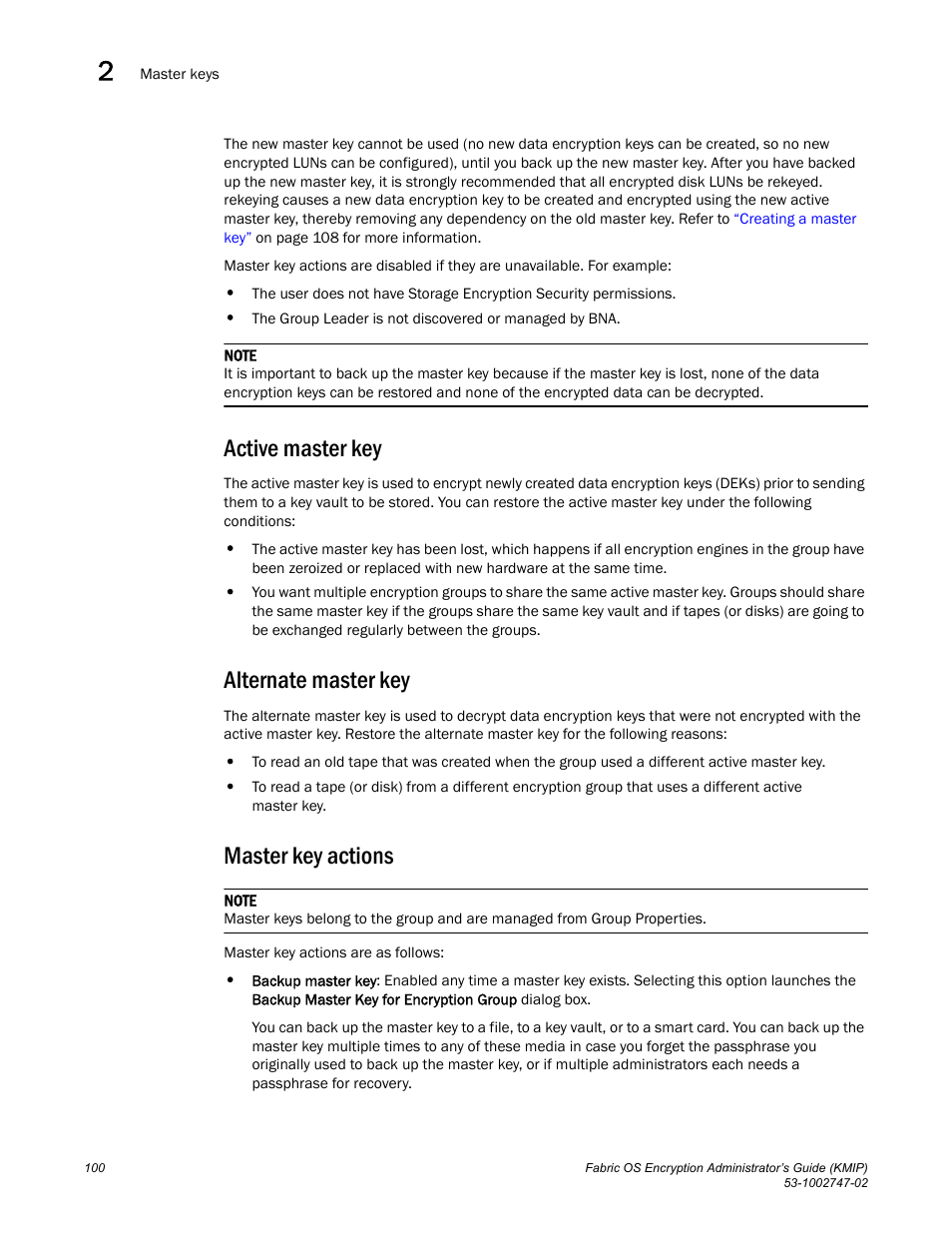 Active master key, Alternate master key, Master key actions | Brocade Fabric OS Encryption Administrator’s Guide Supporting Key Management Interoperability Protocol (KMIP) Key-Compliant Environments (Supporting Fabric OS v7.1.0) User Manual | Page 118 / 322