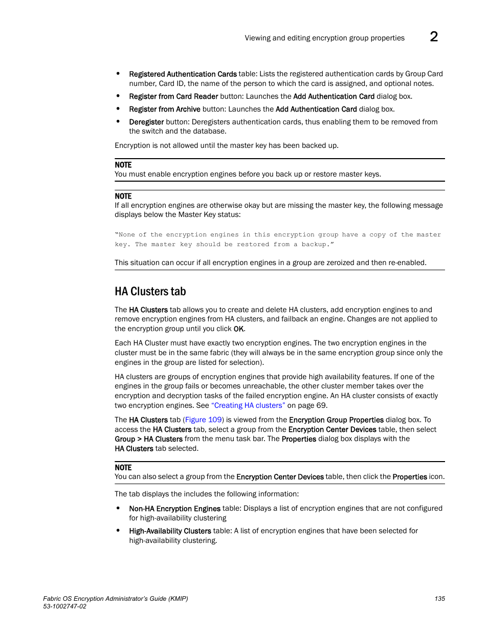 Ha clusters tab | Brocade Fabric OS Encryption Administrator’s Guide Supporting Key Management Interoperability Protocol (KMIP) Key-Compliant Environments (Supporting Fabric OS v7.1.0) User Manual | Page 153 / 322