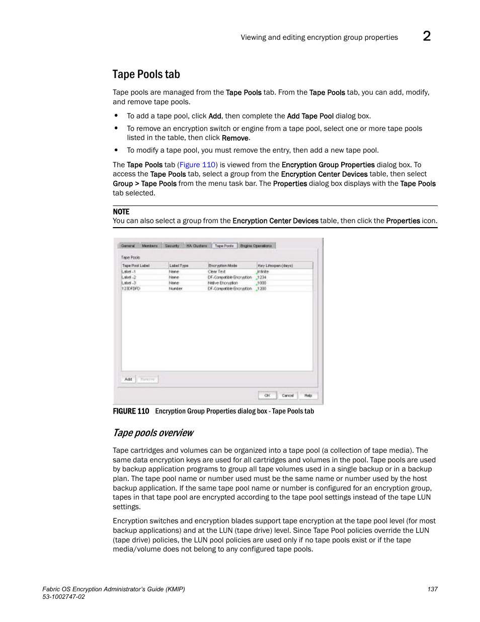 Tape pools tab, Tape pools overview | Brocade Fabric OS Encryption Administrator’s Guide Supporting Key Management Interoperability Protocol (KMIP) Key-Compliant Environments (Supporting Fabric OS v7.1.0) User Manual | Page 155 / 322