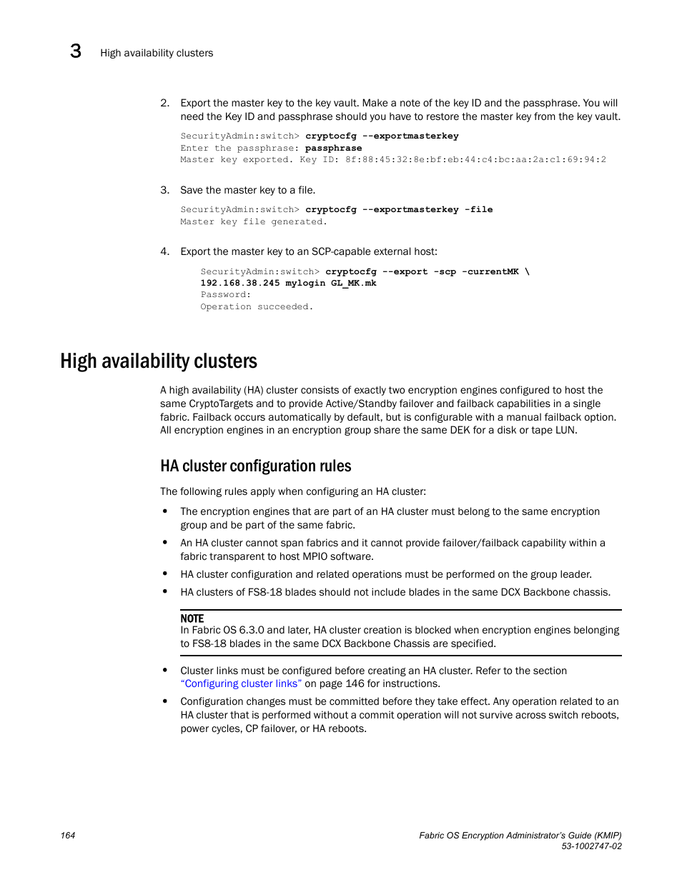 High availability clusters, Ha cluster configuration rules | Brocade Fabric OS Encryption Administrator’s Guide Supporting Key Management Interoperability Protocol (KMIP) Key-Compliant Environments (Supporting Fabric OS v7.1.0) User Manual | Page 182 / 322