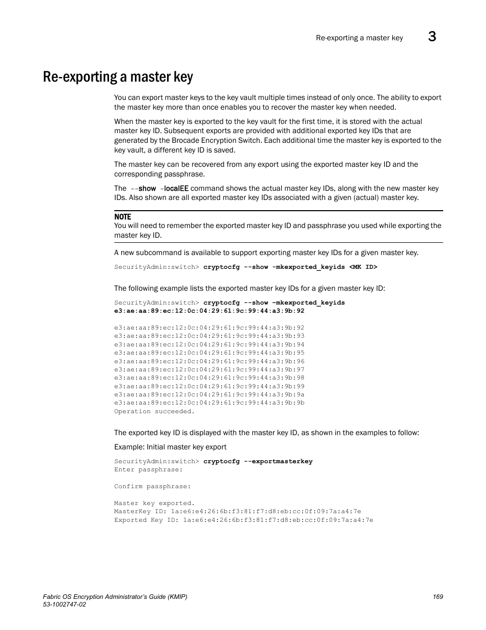 Re-exporting a master key | Brocade Fabric OS Encryption Administrator’s Guide Supporting Key Management Interoperability Protocol (KMIP) Key-Compliant Environments (Supporting Fabric OS v7.1.0) User Manual | Page 187 / 322