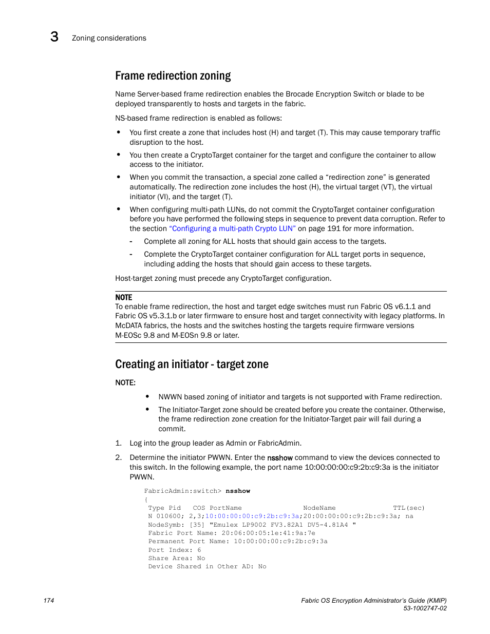 Frame redirection zoning, Creating an initiator - target zone | Brocade Fabric OS Encryption Administrator’s Guide Supporting Key Management Interoperability Protocol (KMIP) Key-Compliant Environments (Supporting Fabric OS v7.1.0) User Manual | Page 192 / 322