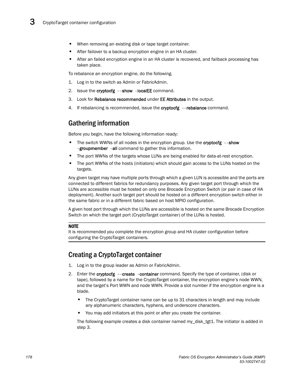 Gathering information, Creating a cryptotarget container | Brocade Fabric OS Encryption Administrator’s Guide Supporting Key Management Interoperability Protocol (KMIP) Key-Compliant Environments (Supporting Fabric OS v7.1.0) User Manual | Page 196 / 322