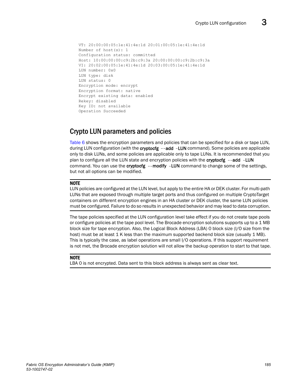 Crypto lun parameters and policies | Brocade Fabric OS Encryption Administrator’s Guide Supporting Key Management Interoperability Protocol (KMIP) Key-Compliant Environments (Supporting Fabric OS v7.1.0) User Manual | Page 203 / 322
