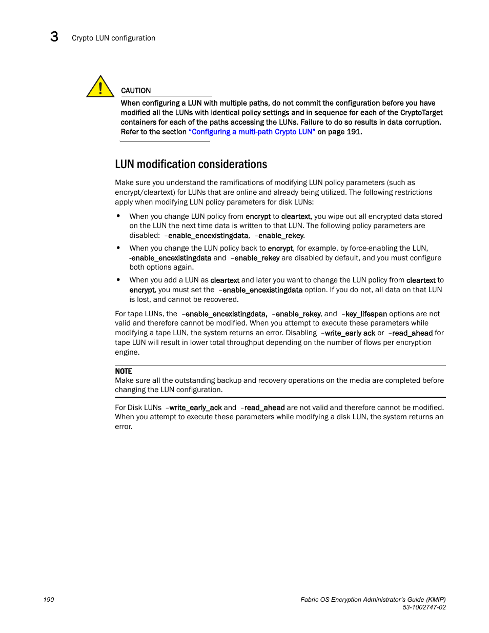Lun modification considerations | Brocade Fabric OS Encryption Administrator’s Guide Supporting Key Management Interoperability Protocol (KMIP) Key-Compliant Environments (Supporting Fabric OS v7.1.0) User Manual | Page 208 / 322