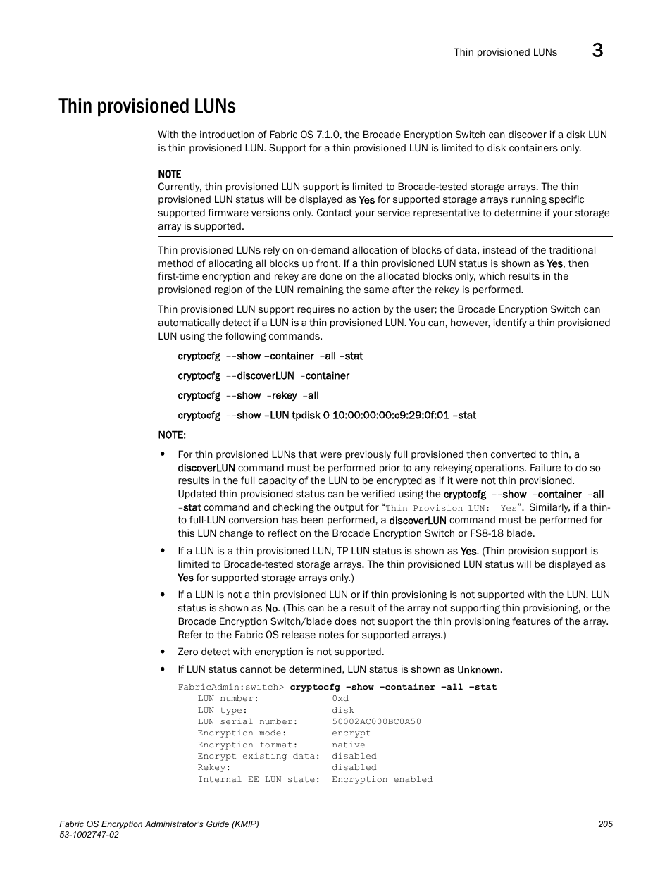 Thin provisioned luns | Brocade Fabric OS Encryption Administrator’s Guide Supporting Key Management Interoperability Protocol (KMIP) Key-Compliant Environments (Supporting Fabric OS v7.1.0) User Manual | Page 223 / 322