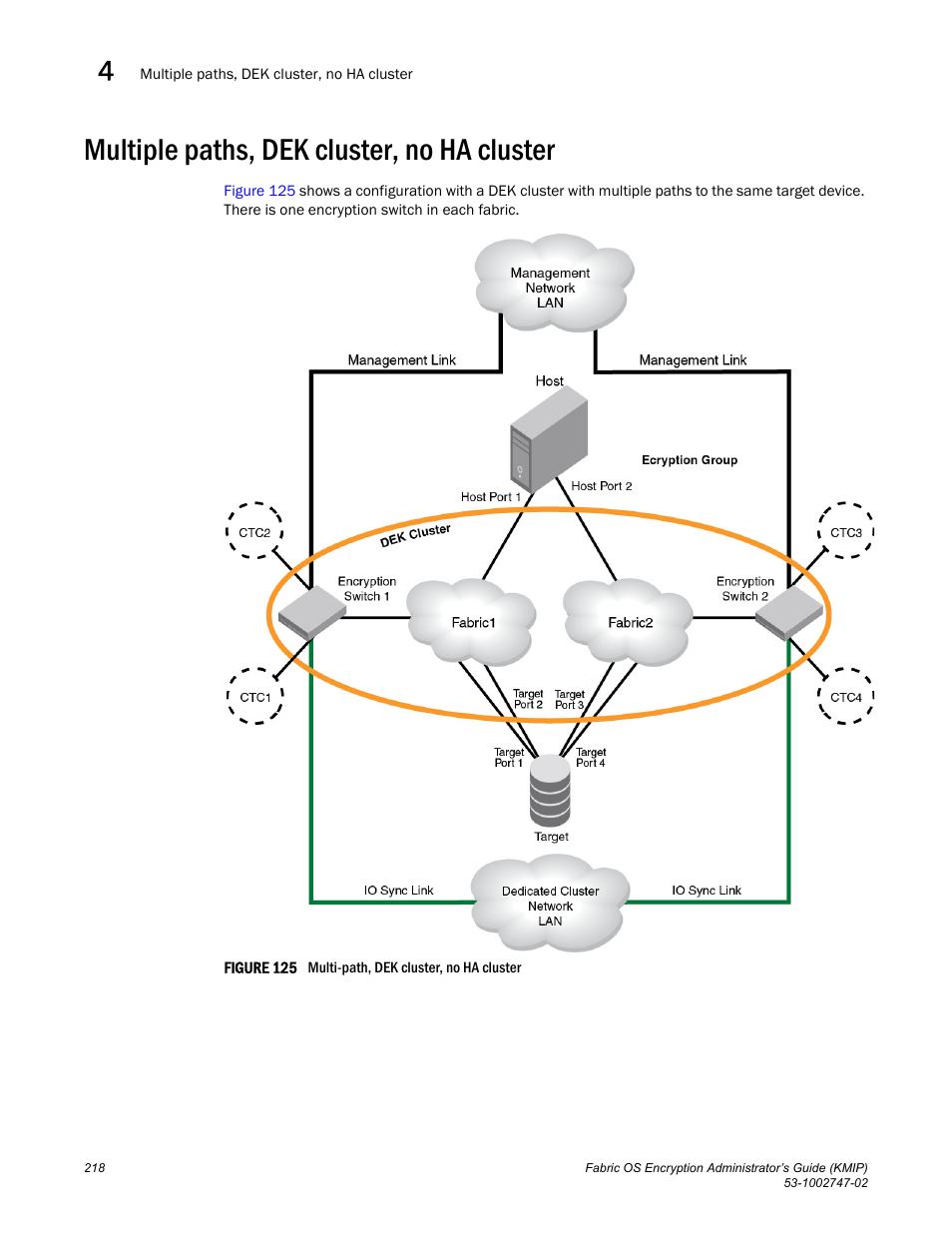 Multiple paths, dek cluster, no ha cluster | Brocade Fabric OS Encryption Administrator’s Guide Supporting Key Management Interoperability Protocol (KMIP) Key-Compliant Environments (Supporting Fabric OS v7.1.0) User Manual | Page 236 / 322