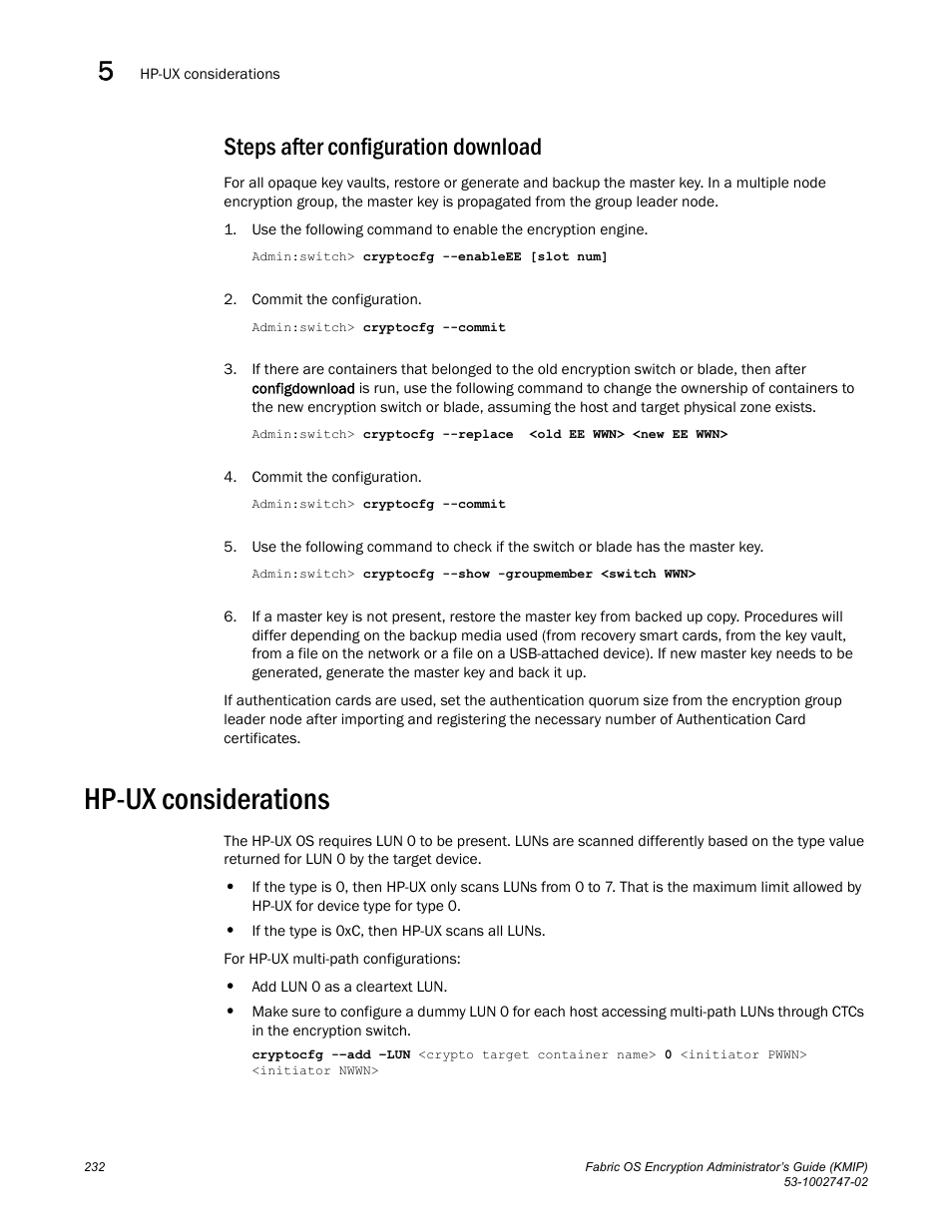 Steps after configuration download, Hp-ux considerations | Brocade Fabric OS Encryption Administrator’s Guide Supporting Key Management Interoperability Protocol (KMIP) Key-Compliant Environments (Supporting Fabric OS v7.1.0) User Manual | Page 250 / 322