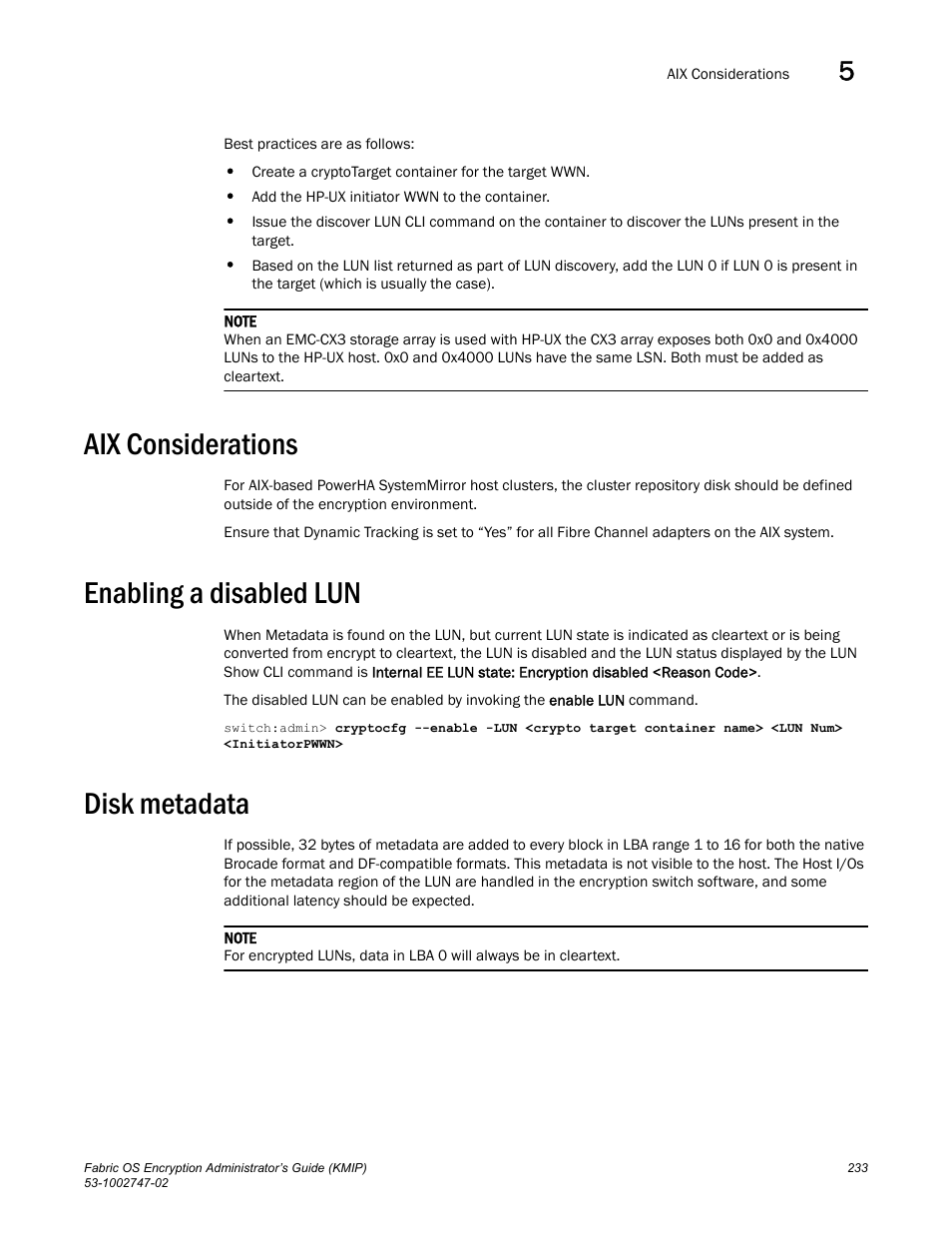 Aix considerations, Enabling a disabled lun, Disk metadata | Brocade Fabric OS Encryption Administrator’s Guide Supporting Key Management Interoperability Protocol (KMIP) Key-Compliant Environments (Supporting Fabric OS v7.1.0) User Manual | Page 251 / 322