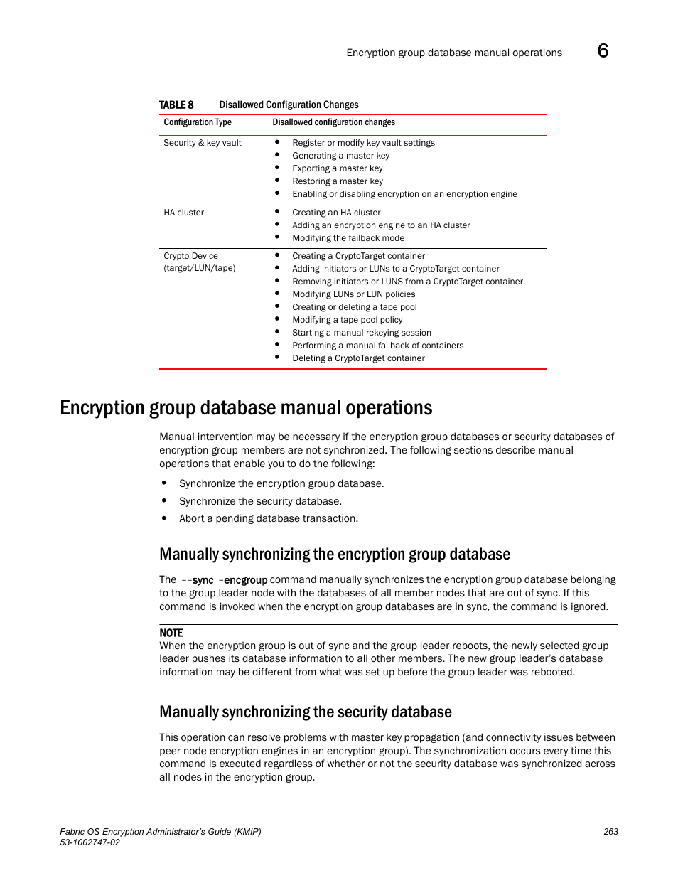 Encryption group database manual operations, Manually synchronizing the security database, Table 8 | List | Brocade Fabric OS Encryption Administrator’s Guide Supporting Key Management Interoperability Protocol (KMIP) Key-Compliant Environments (Supporting Fabric OS v7.1.0) User Manual | Page 281 / 322
