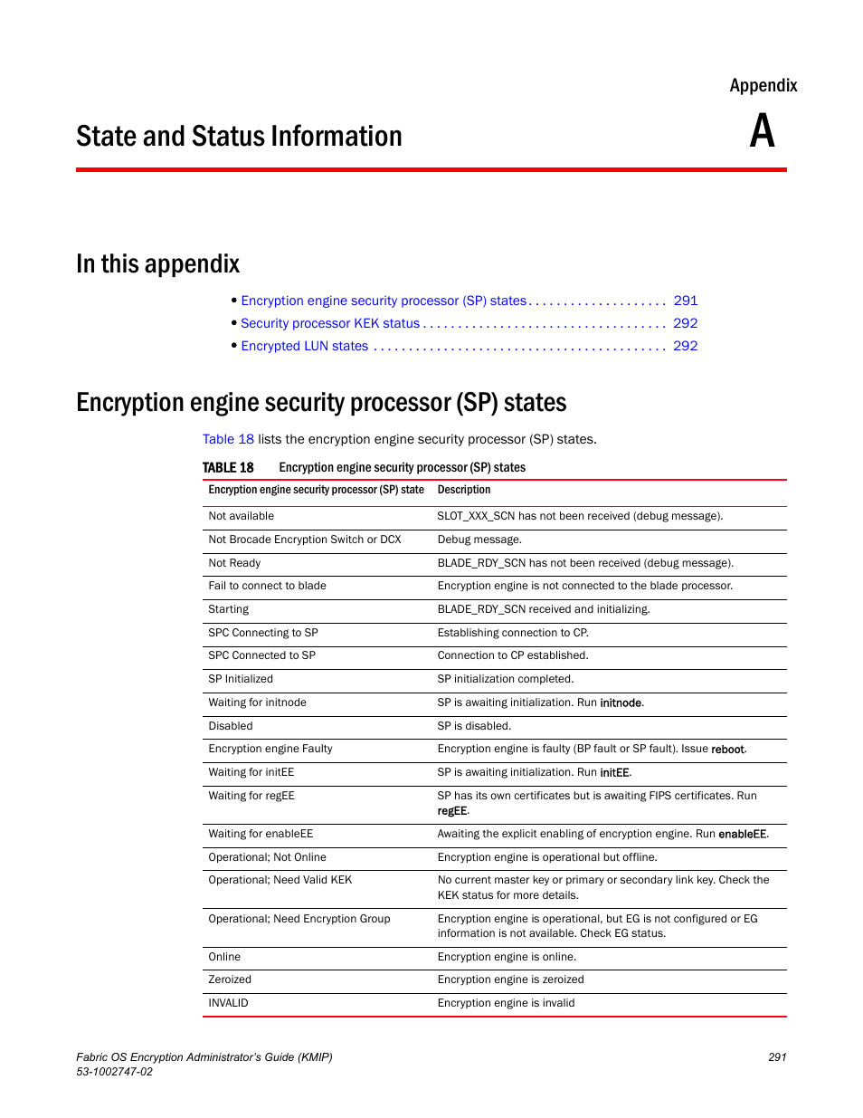 State and status information, In this appendix, Encryption engine security processor (sp) states | Appendix a, Appendix | Brocade Fabric OS Encryption Administrator’s Guide Supporting Key Management Interoperability Protocol (KMIP) Key-Compliant Environments (Supporting Fabric OS v7.1.0) User Manual | Page 309 / 322