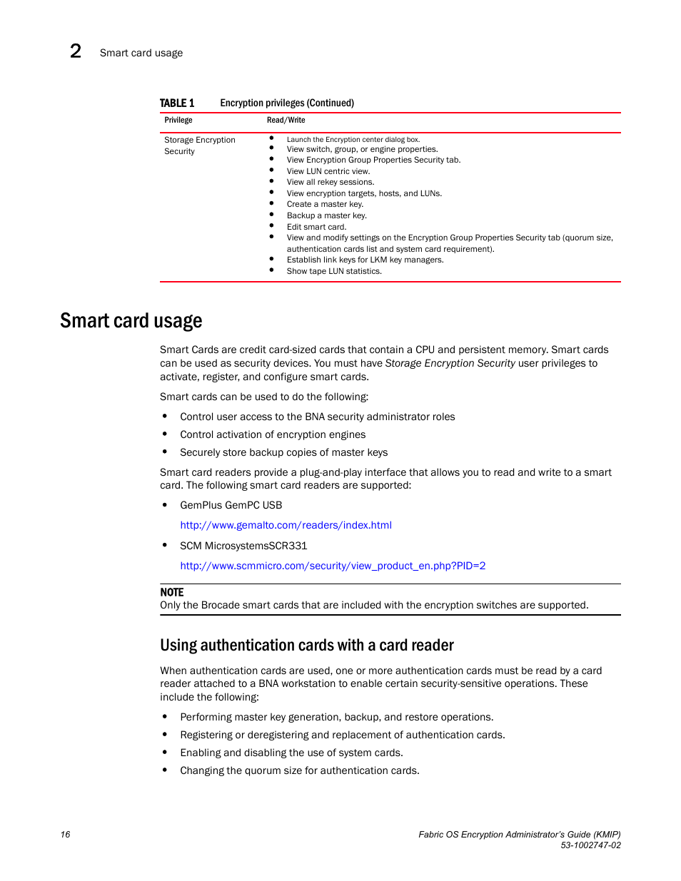 Smart card usage, Using authentication cards with a card reader | Brocade Fabric OS Encryption Administrator’s Guide Supporting Key Management Interoperability Protocol (KMIP) Key-Compliant Environments (Supporting Fabric OS v7.1.0) User Manual | Page 34 / 322