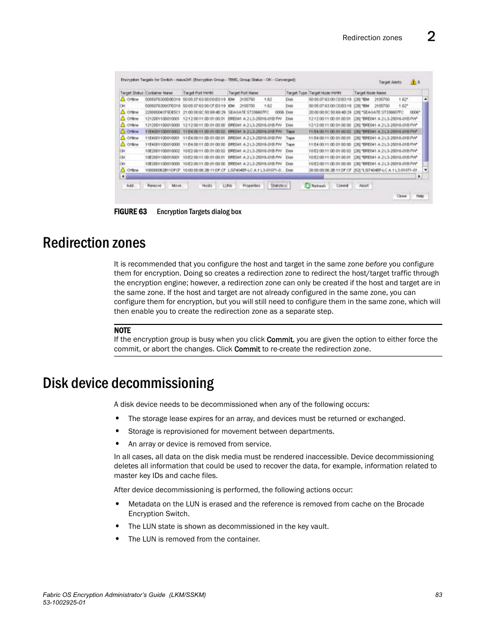 Redirection zones, Disk device decommissioning, Figure 63 | Brocade Fabric OS Encryption Administrator’s Guide Supporting NetApp Lifetime Key Manager (LKM) and KeySecure Storage Secure Key Manager (SSKM) Environments (Supporting Fabric OS v7.2.0) User Manual | Page 101 / 300