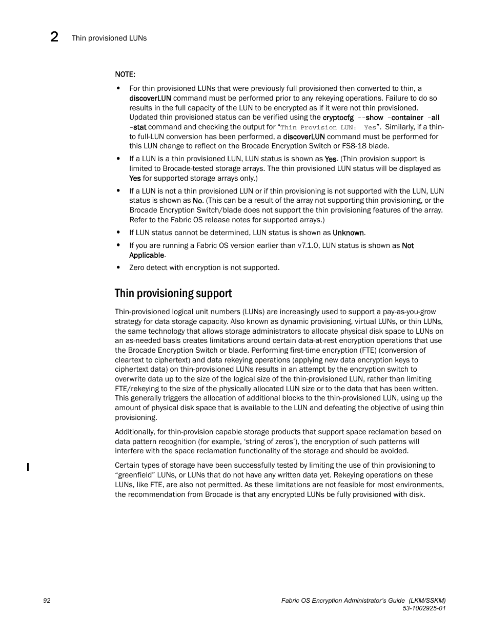 Thin provisioning support | Brocade Fabric OS Encryption Administrator’s Guide Supporting NetApp Lifetime Key Manager (LKM) and KeySecure Storage Secure Key Manager (SSKM) Environments (Supporting Fabric OS v7.2.0) User Manual | Page 110 / 300