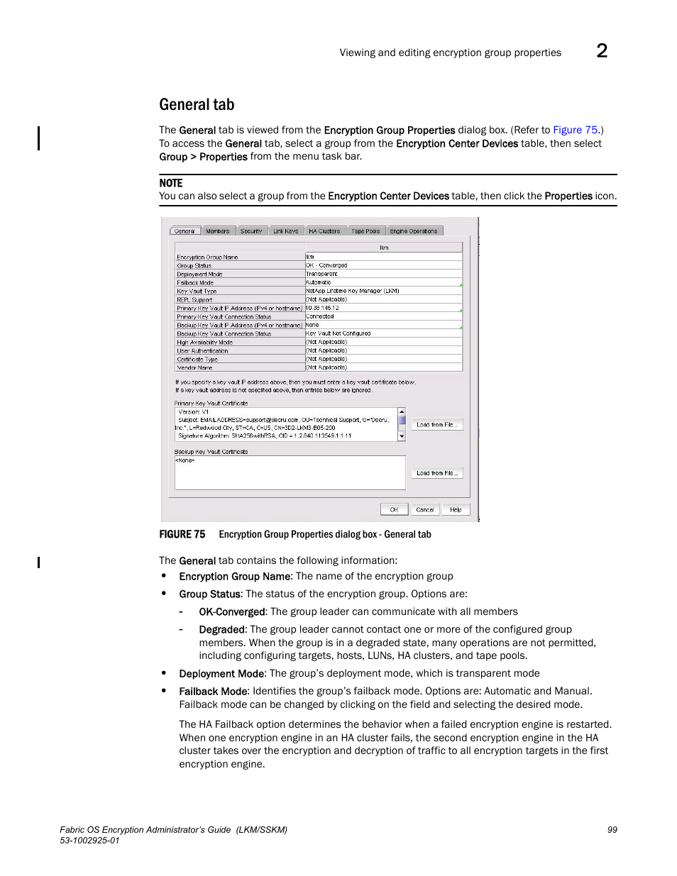 General tab | Brocade Fabric OS Encryption Administrator’s Guide Supporting NetApp Lifetime Key Manager (LKM) and KeySecure Storage Secure Key Manager (SSKM) Environments (Supporting Fabric OS v7.2.0) User Manual | Page 117 / 300