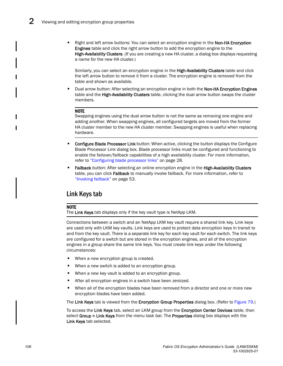 Link keys tab | Brocade Fabric OS Encryption Administrator’s Guide Supporting NetApp Lifetime Key Manager (LKM) and KeySecure Storage Secure Key Manager (SSKM) Environments (Supporting Fabric OS v7.2.0) User Manual | Page 124 / 300