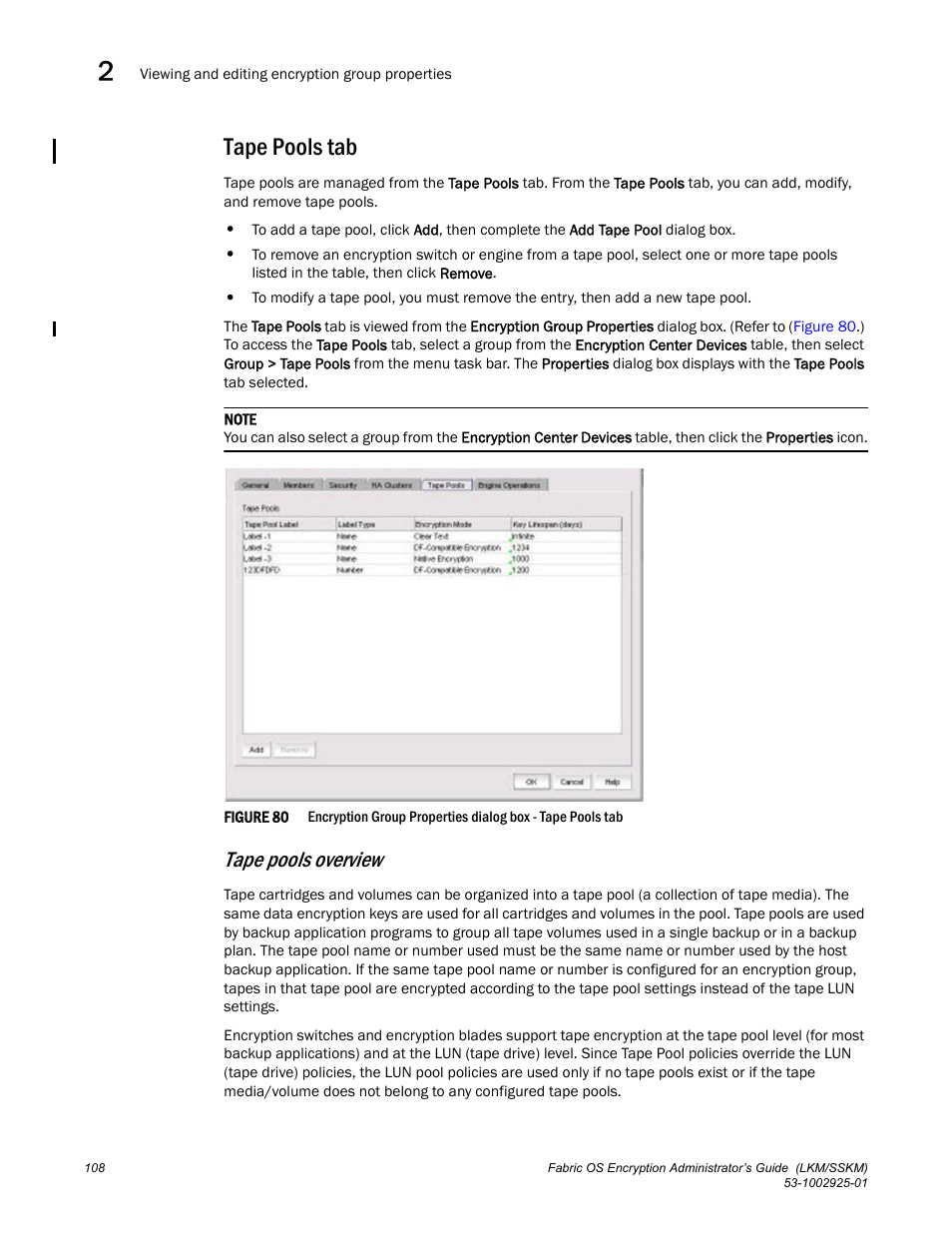 Tape pools tab, Tape pools overview | Brocade Fabric OS Encryption Administrator’s Guide Supporting NetApp Lifetime Key Manager (LKM) and KeySecure Storage Secure Key Manager (SSKM) Environments (Supporting Fabric OS v7.2.0) User Manual | Page 126 / 300