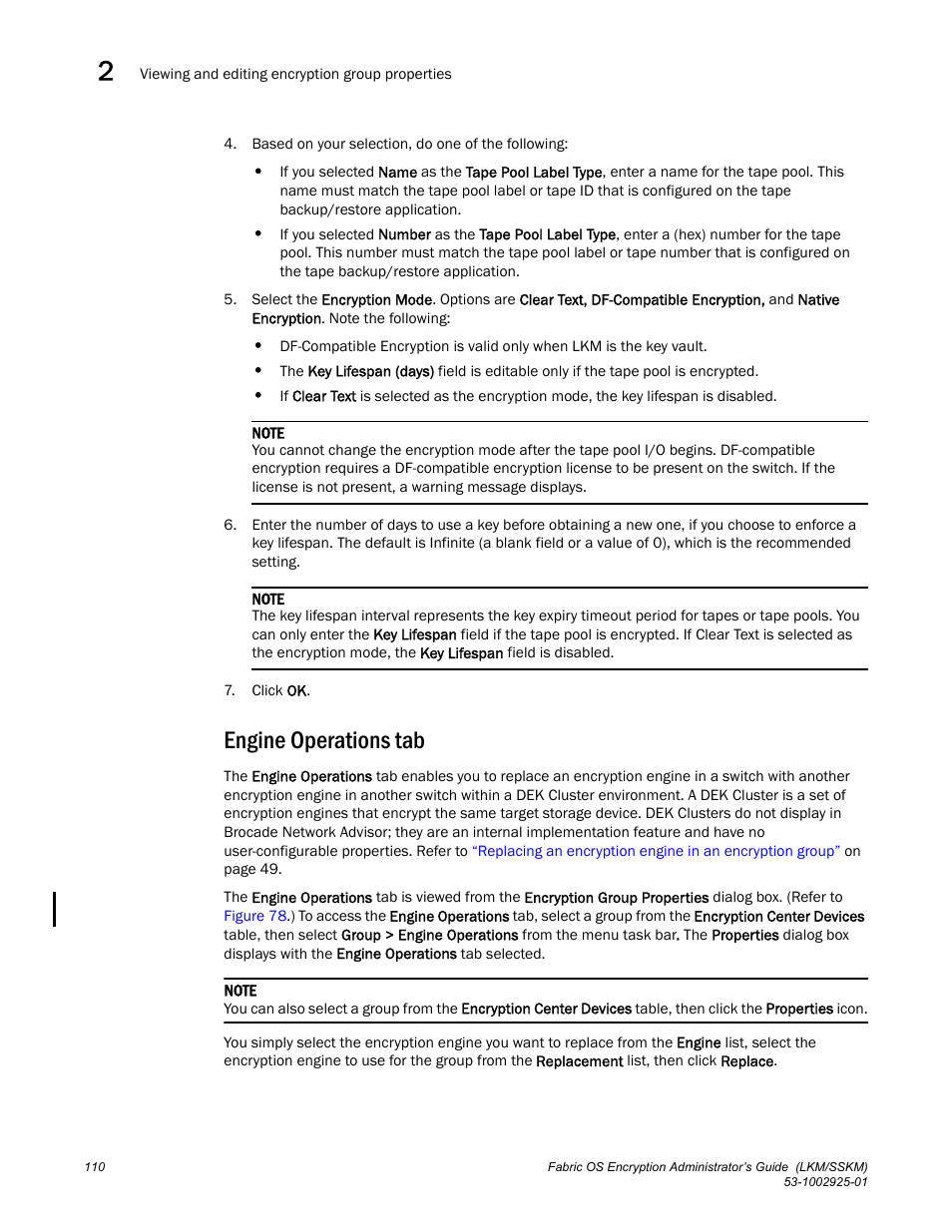 Engine operations tab | Brocade Fabric OS Encryption Administrator’s Guide Supporting NetApp Lifetime Key Manager (LKM) and KeySecure Storage Secure Key Manager (SSKM) Environments (Supporting Fabric OS v7.2.0) User Manual | Page 128 / 300