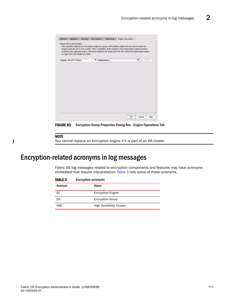 Encryption-related acronyms in log messages | Brocade Fabric OS Encryption Administrator’s Guide Supporting NetApp Lifetime Key Manager (LKM) and KeySecure Storage Secure Key Manager (SSKM) Environments (Supporting Fabric OS v7.2.0) User Manual | Page 129 / 300