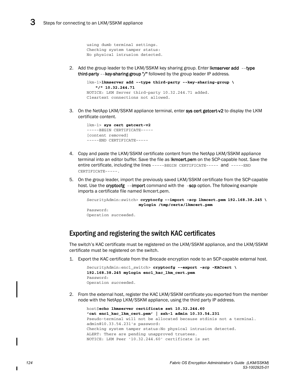 Exporting and, Registering the switch kac certificates | Brocade Fabric OS Encryption Administrator’s Guide Supporting NetApp Lifetime Key Manager (LKM) and KeySecure Storage Secure Key Manager (SSKM) Environments (Supporting Fabric OS v7.2.0) User Manual | Page 142 / 300