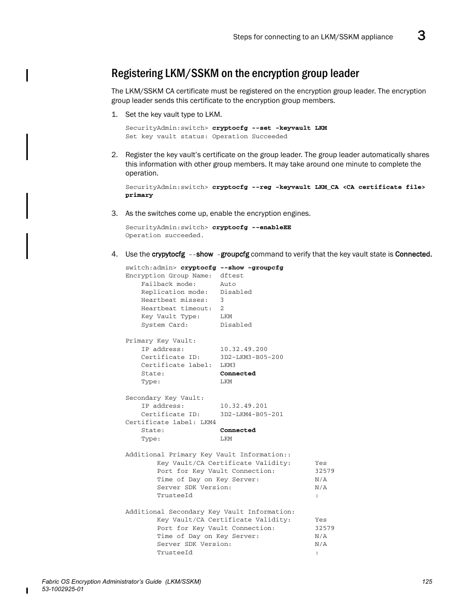 Registering lkm/sskm on the, Encryption group leader | Brocade Fabric OS Encryption Administrator’s Guide Supporting NetApp Lifetime Key Manager (LKM) and KeySecure Storage Secure Key Manager (SSKM) Environments (Supporting Fabric OS v7.2.0) User Manual | Page 143 / 300