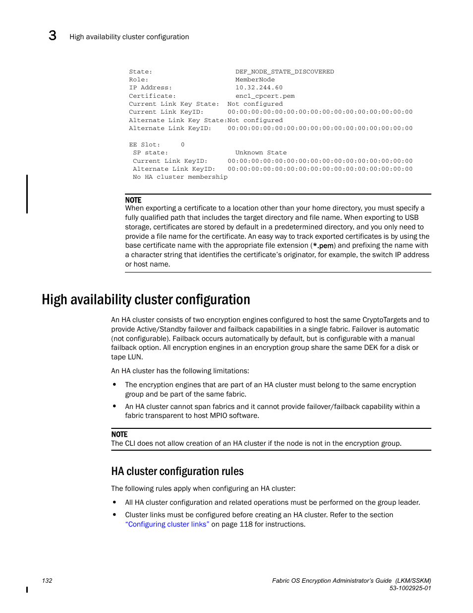 High availability cluster configuration, Ha cluster configuration rules | Brocade Fabric OS Encryption Administrator’s Guide Supporting NetApp Lifetime Key Manager (LKM) and KeySecure Storage Secure Key Manager (SSKM) Environments (Supporting Fabric OS v7.2.0) User Manual | Page 150 / 300