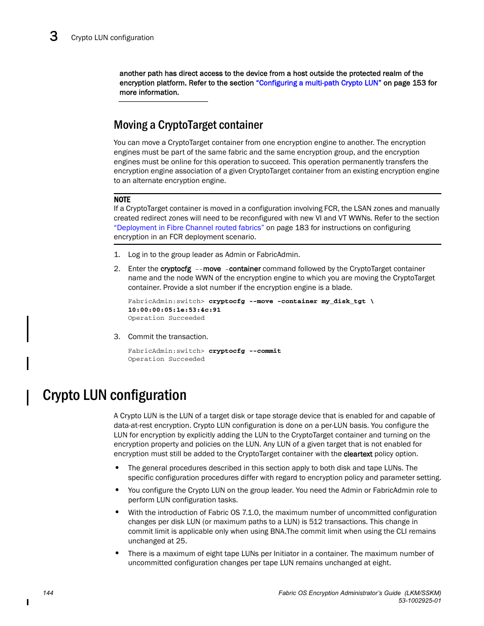 Moving a cryptotarget container, Crypto lun configuration | Brocade Fabric OS Encryption Administrator’s Guide Supporting NetApp Lifetime Key Manager (LKM) and KeySecure Storage Secure Key Manager (SSKM) Environments (Supporting Fabric OS v7.2.0) User Manual | Page 162 / 300