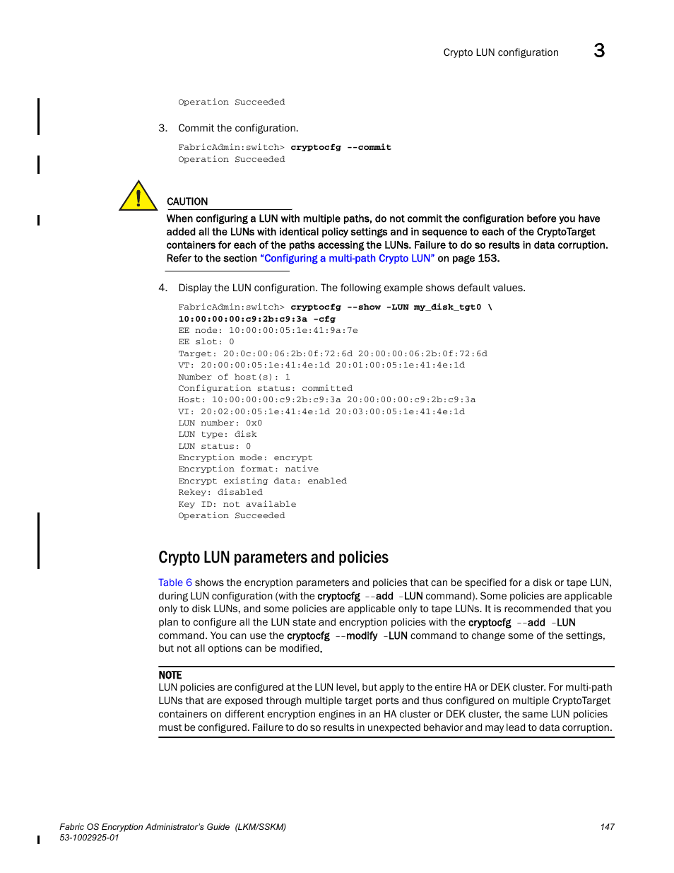 Crypto lun parameters and policies | Brocade Fabric OS Encryption Administrator’s Guide Supporting NetApp Lifetime Key Manager (LKM) and KeySecure Storage Secure Key Manager (SSKM) Environments (Supporting Fabric OS v7.2.0) User Manual | Page 165 / 300