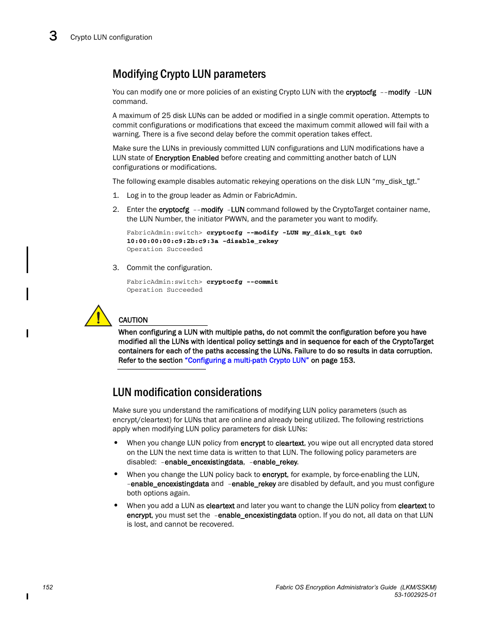 Modifying crypto lun parameters, Lun modification considerations | Brocade Fabric OS Encryption Administrator’s Guide Supporting NetApp Lifetime Key Manager (LKM) and KeySecure Storage Secure Key Manager (SSKM) Environments (Supporting Fabric OS v7.2.0) User Manual | Page 170 / 300