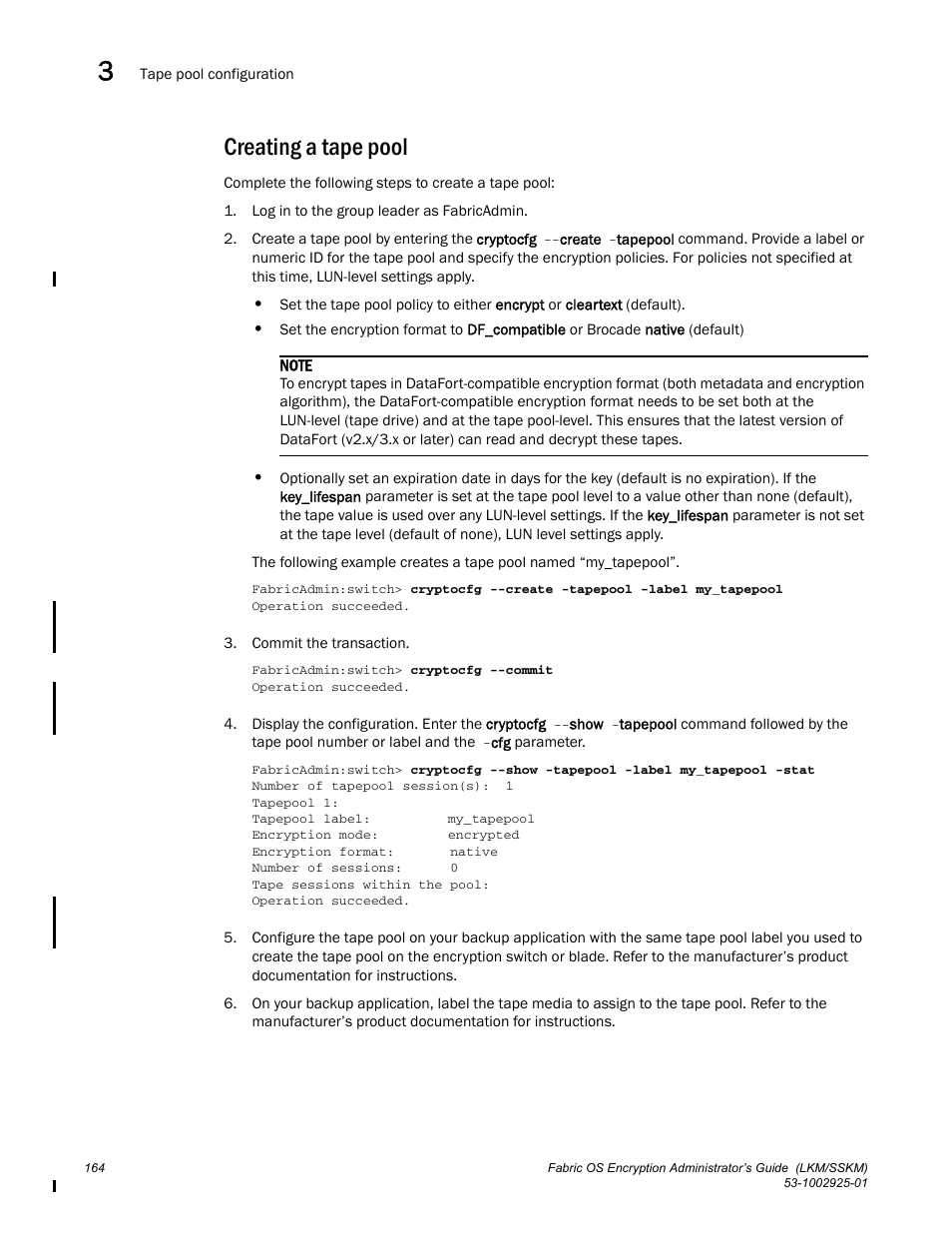 Creating a tape pool, Ction | Brocade Fabric OS Encryption Administrator’s Guide Supporting NetApp Lifetime Key Manager (LKM) and KeySecure Storage Secure Key Manager (SSKM) Environments (Supporting Fabric OS v7.2.0) User Manual | Page 182 / 300