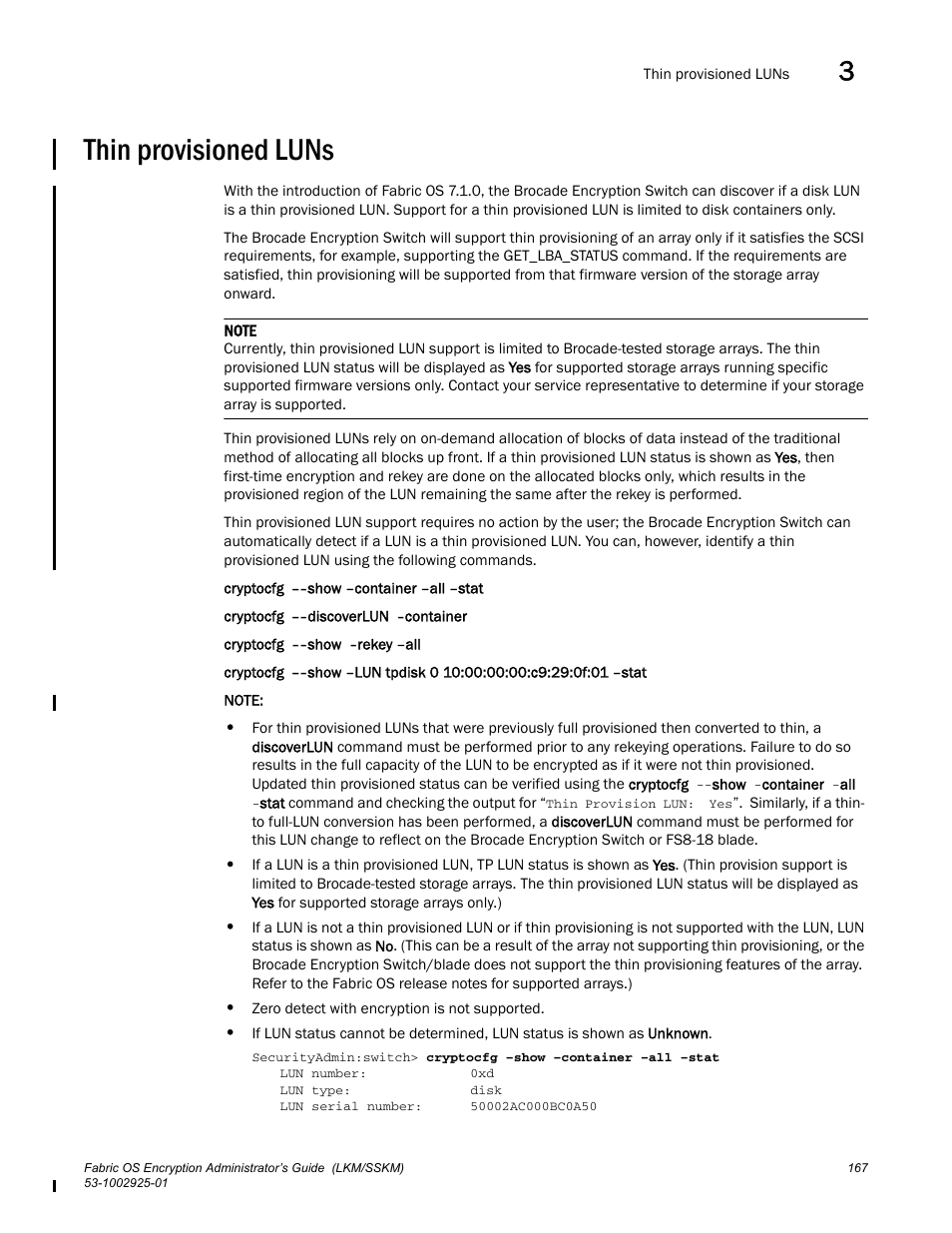 Thin provisioned luns | Brocade Fabric OS Encryption Administrator’s Guide Supporting NetApp Lifetime Key Manager (LKM) and KeySecure Storage Secure Key Manager (SSKM) Environments (Supporting Fabric OS v7.2.0) User Manual | Page 185 / 300