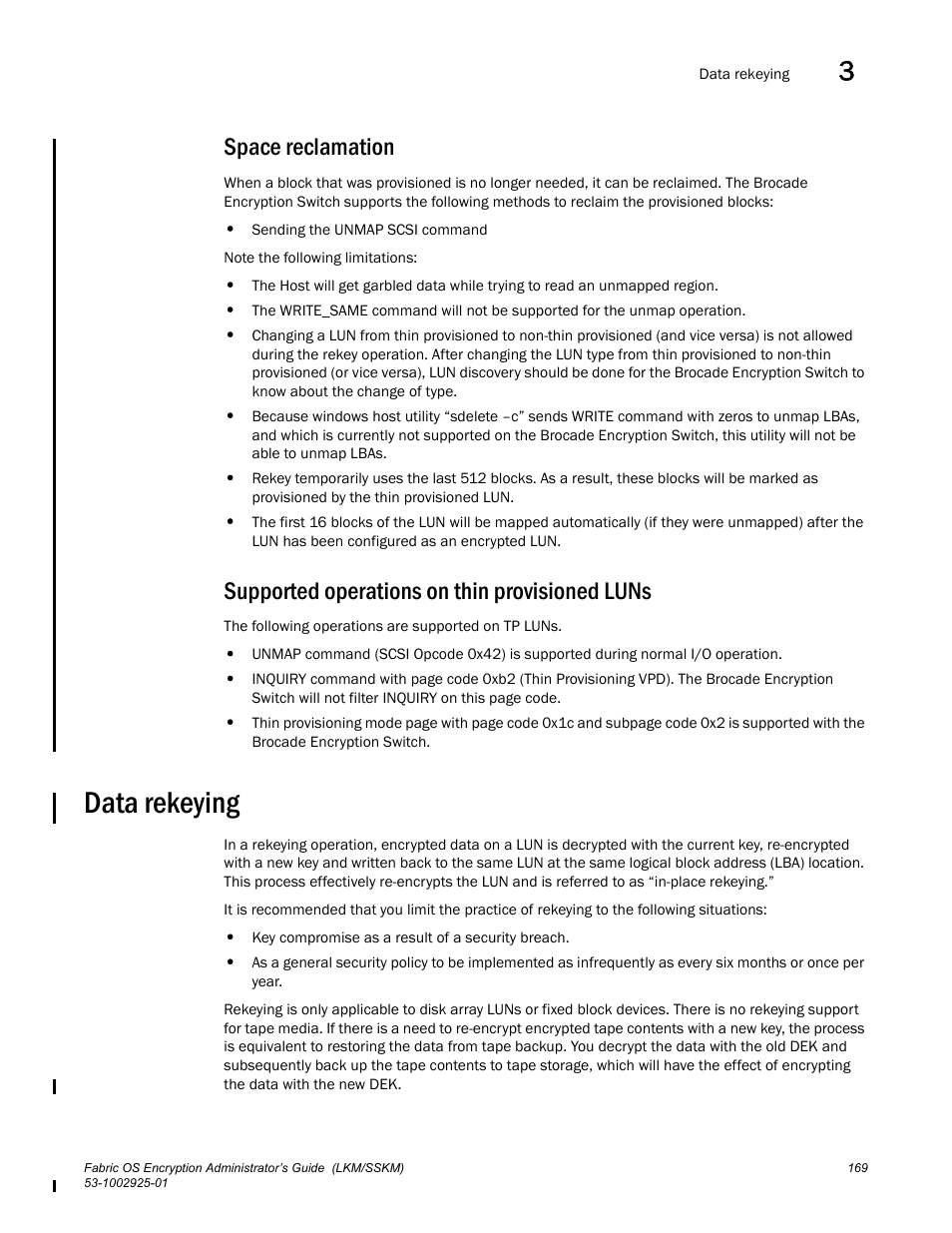 Space reclamation, Supported operations on thin provisioned luns, Data rekeying | Brocade Fabric OS Encryption Administrator’s Guide Supporting NetApp Lifetime Key Manager (LKM) and KeySecure Storage Secure Key Manager (SSKM) Environments (Supporting Fabric OS v7.2.0) User Manual | Page 187 / 300