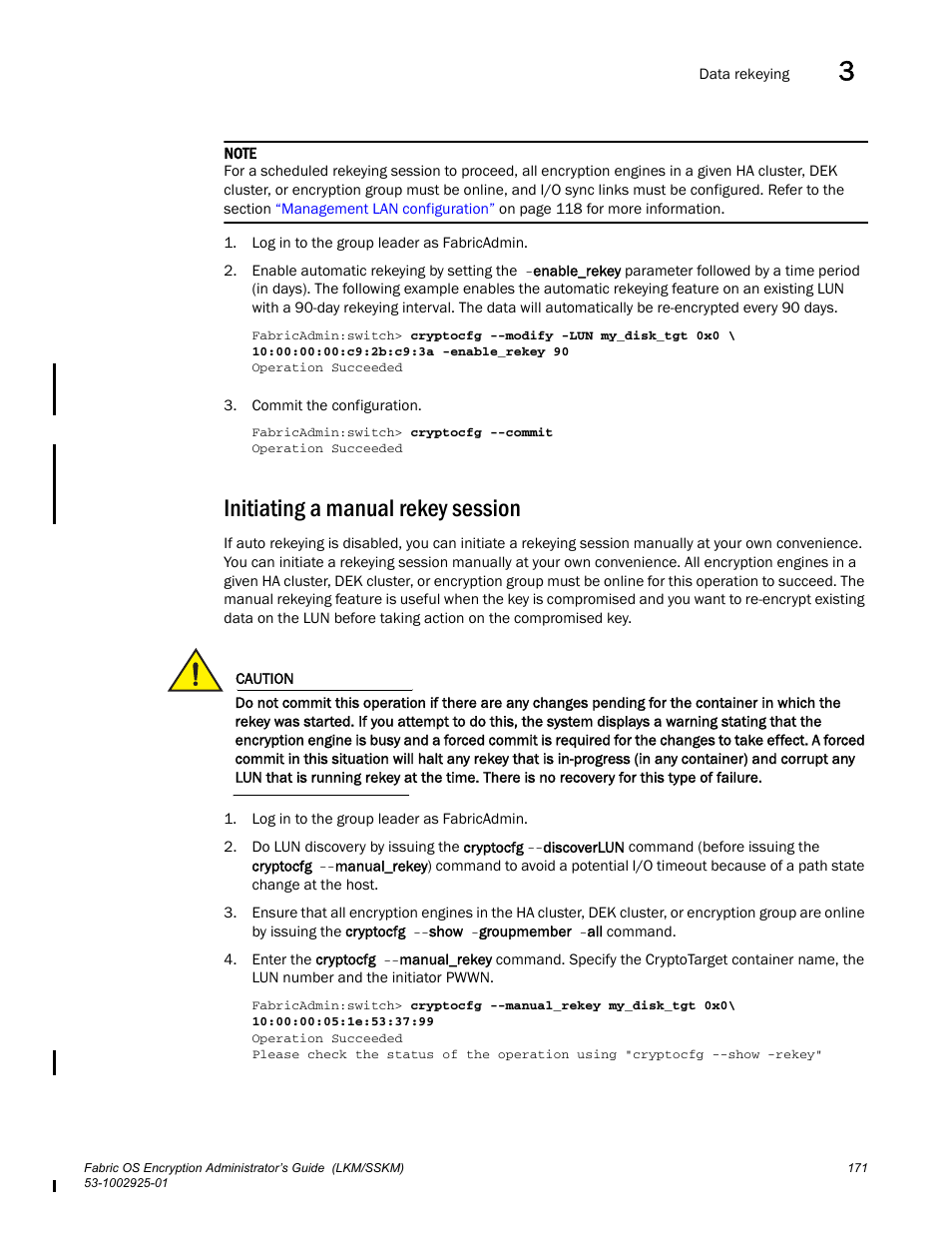 Initiating a manual rekey session | Brocade Fabric OS Encryption Administrator’s Guide Supporting NetApp Lifetime Key Manager (LKM) and KeySecure Storage Secure Key Manager (SSKM) Environments (Supporting Fabric OS v7.2.0) User Manual | Page 189 / 300