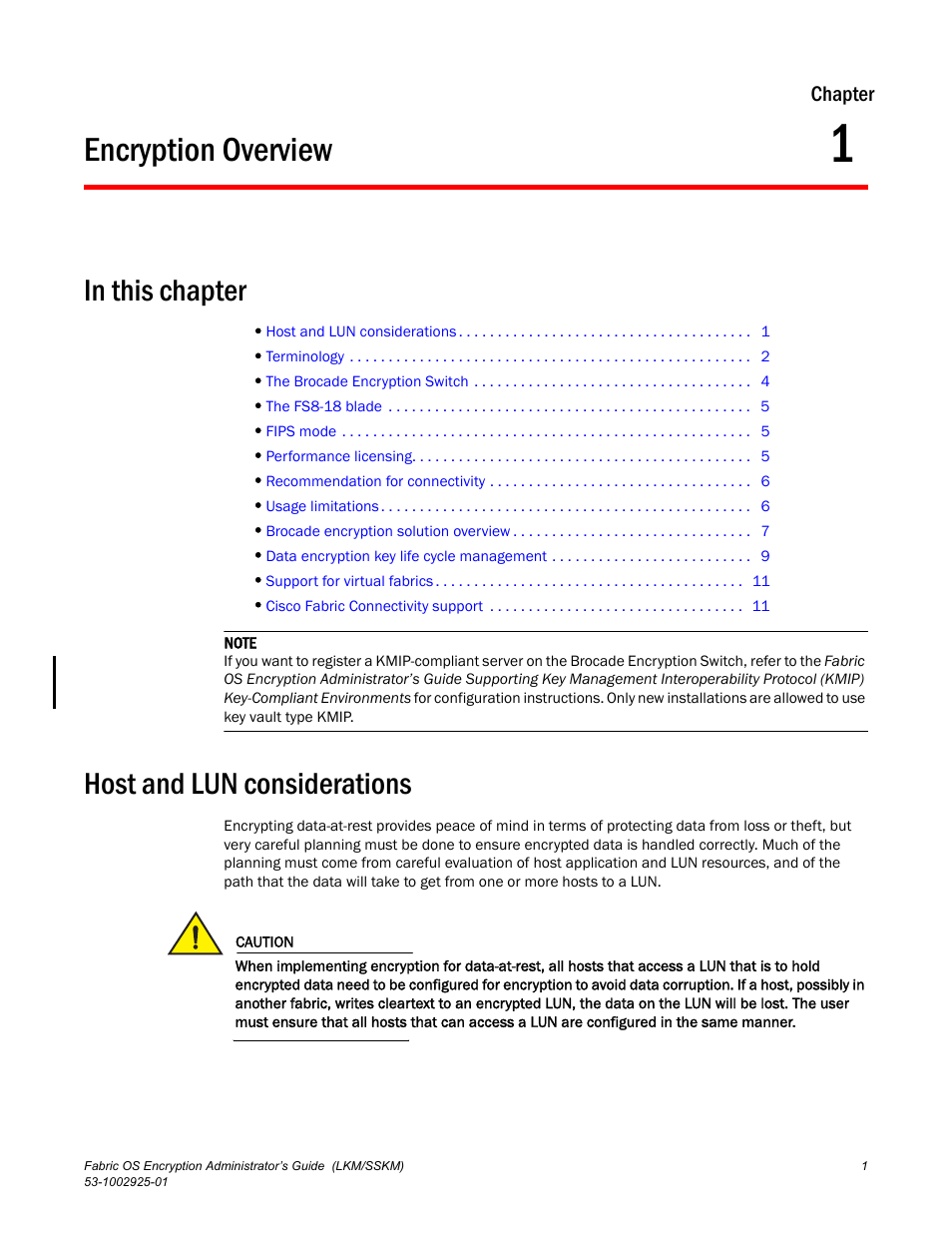 Encryption overview, In this chapter, Host and lun considerations | Chapter 1, Chapter 1, “encryption overview | Brocade Fabric OS Encryption Administrator’s Guide Supporting NetApp Lifetime Key Manager (LKM) and KeySecure Storage Secure Key Manager (SSKM) Environments (Supporting Fabric OS v7.2.0) User Manual | Page 19 / 300