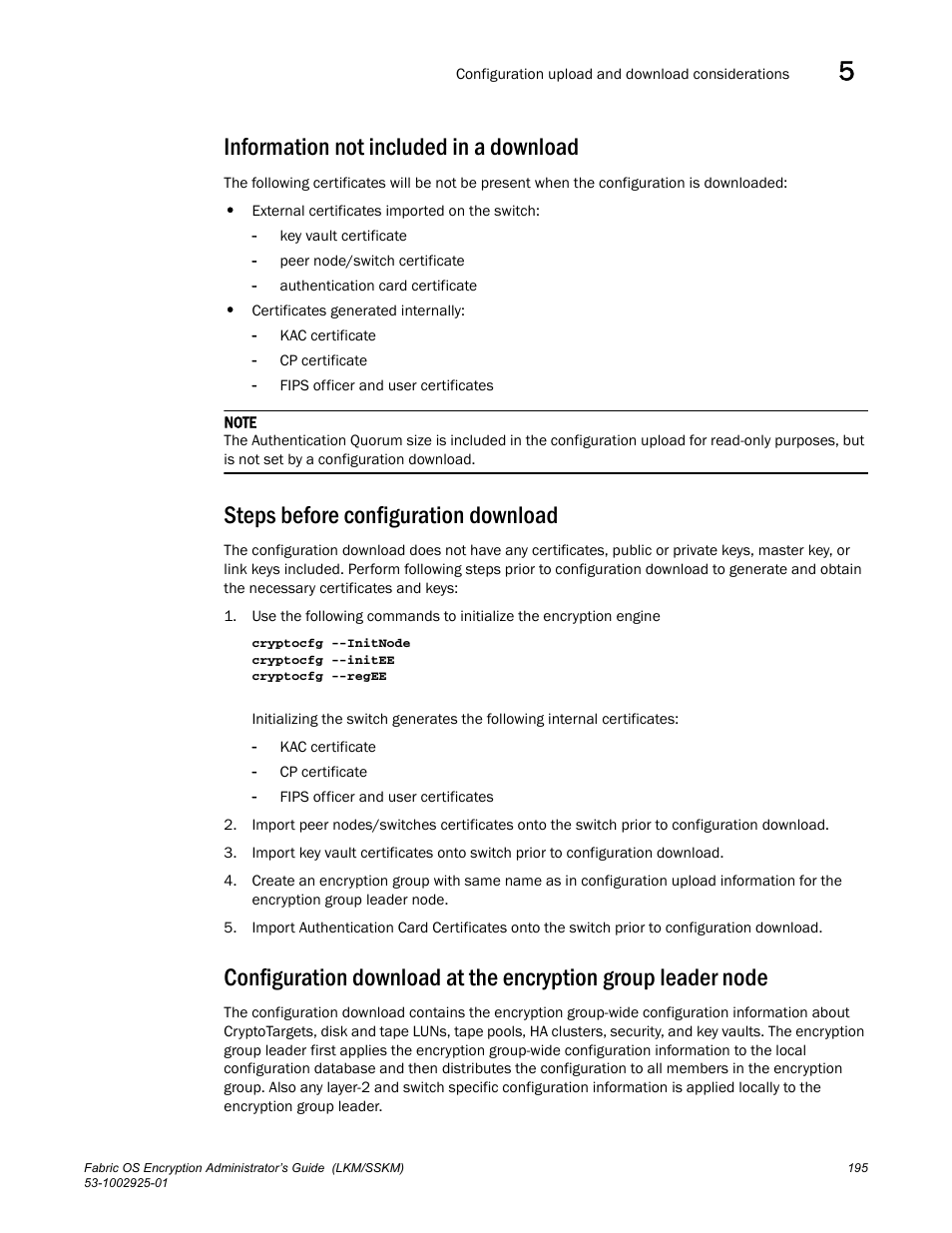 Information not included in a download, Steps before configuration download | Brocade Fabric OS Encryption Administrator’s Guide Supporting NetApp Lifetime Key Manager (LKM) and KeySecure Storage Secure Key Manager (SSKM) Environments (Supporting Fabric OS v7.2.0) User Manual | Page 213 / 300