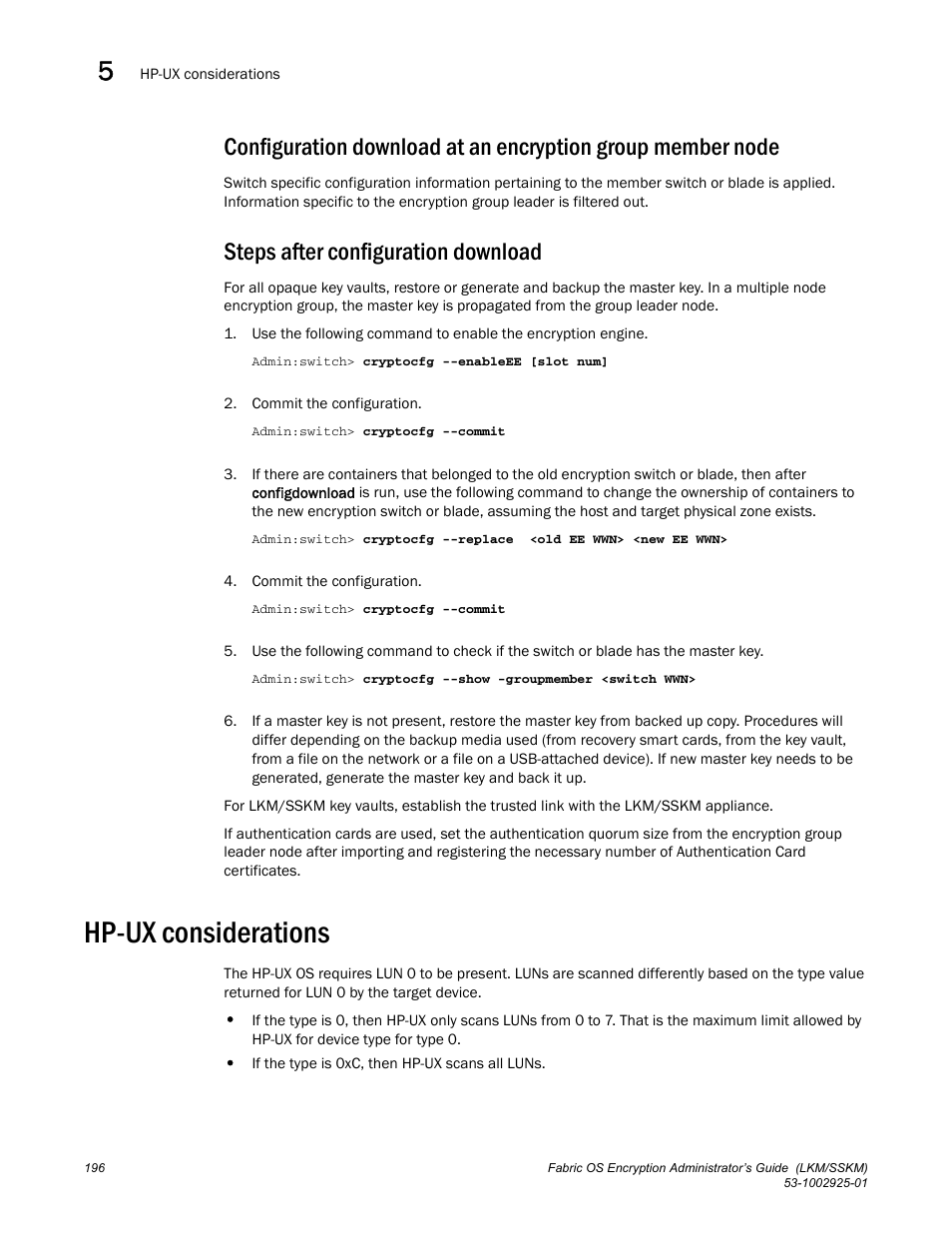 Steps after configuration download, Hp-ux considerations | Brocade Fabric OS Encryption Administrator’s Guide Supporting NetApp Lifetime Key Manager (LKM) and KeySecure Storage Secure Key Manager (SSKM) Environments (Supporting Fabric OS v7.2.0) User Manual | Page 214 / 300